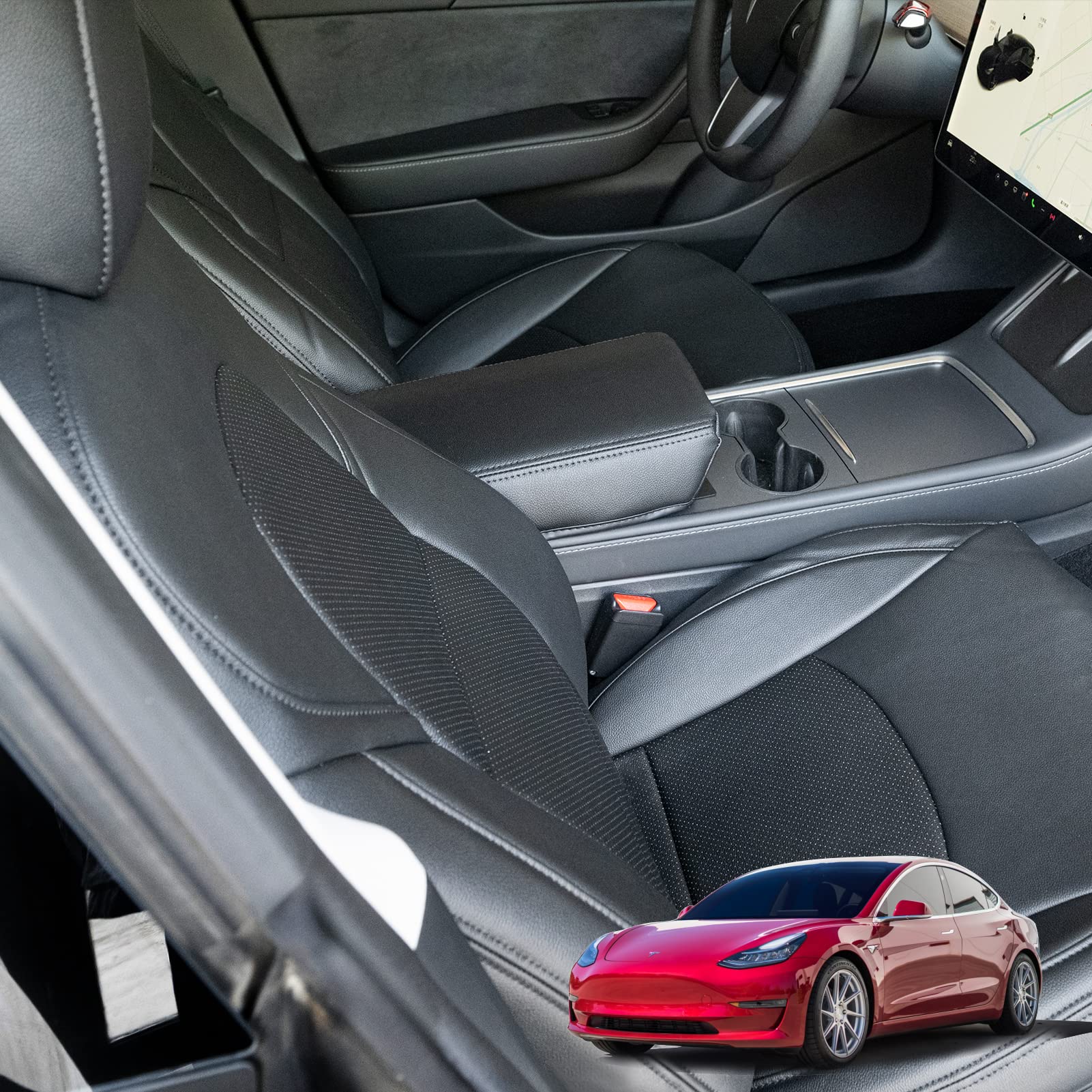 Photo 1 of LSAUTO for Tesla Model 3 car seat Cover, for Tesla Model 3 2020 2021 2022 Accessories PU Leather Cover, Stain Resistant, fire Resistant, can Provide All Season Protection (Black)