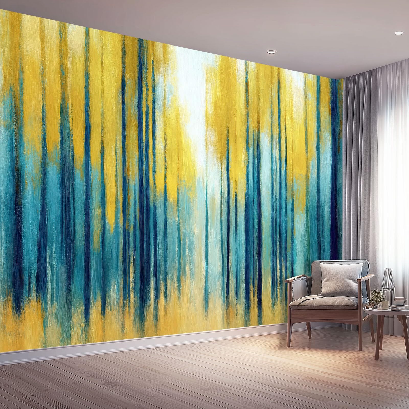 Minimalist Abstract Non-Woven Mural Wallpaper, Yellow Blue Removable Waterproof Wall Paper, Trees Lines Panoramic Wallpaper for Bedroom Living Room Children's Room Decoration, 250 x 175 cm