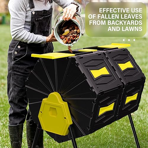 Miniatura 3 de Efurden Contenedor de compost, vaso de compostaje de doble cámara con alto volumen de 45 galones, fácil de montar y compostador duradero, amarillo