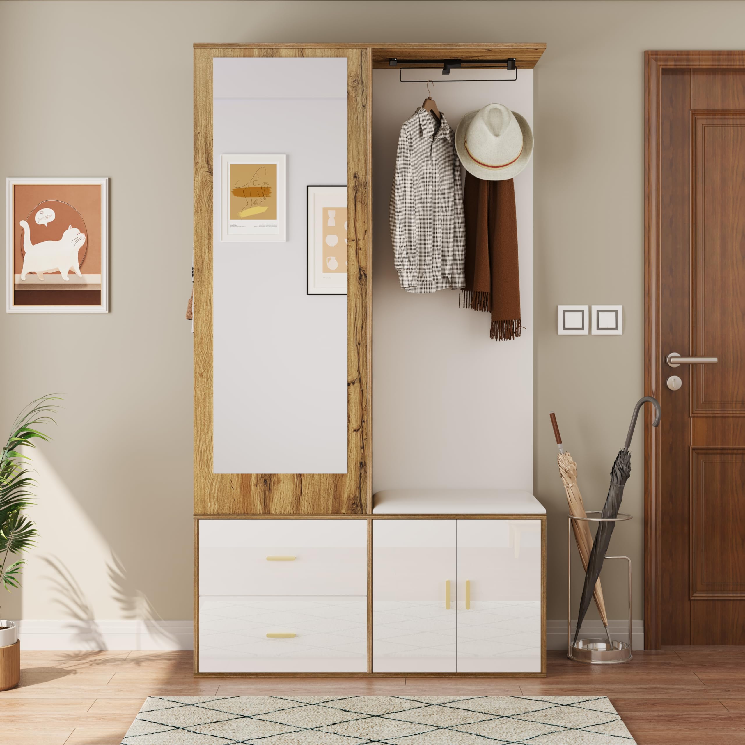 Elegante juego de perchero en colores blanco y madera con espejo, zapatero, zapatero con gancho y barra extensible (color blanco y madera)