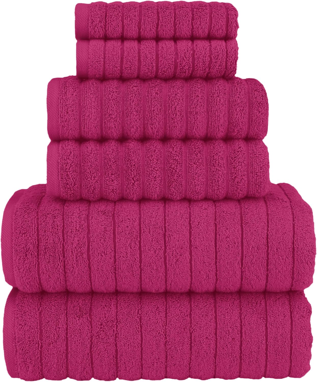 Elegant Comfort 100% Turkish Cotton Corduroy Ribbed Luxury Bath Towels 6-Piece Set, Premium Feel - Quick Dry, Highly Absorbent, Contains 2 Bath Towels, 2 Hand Towels, and 2 Washcloths, Hot Pink