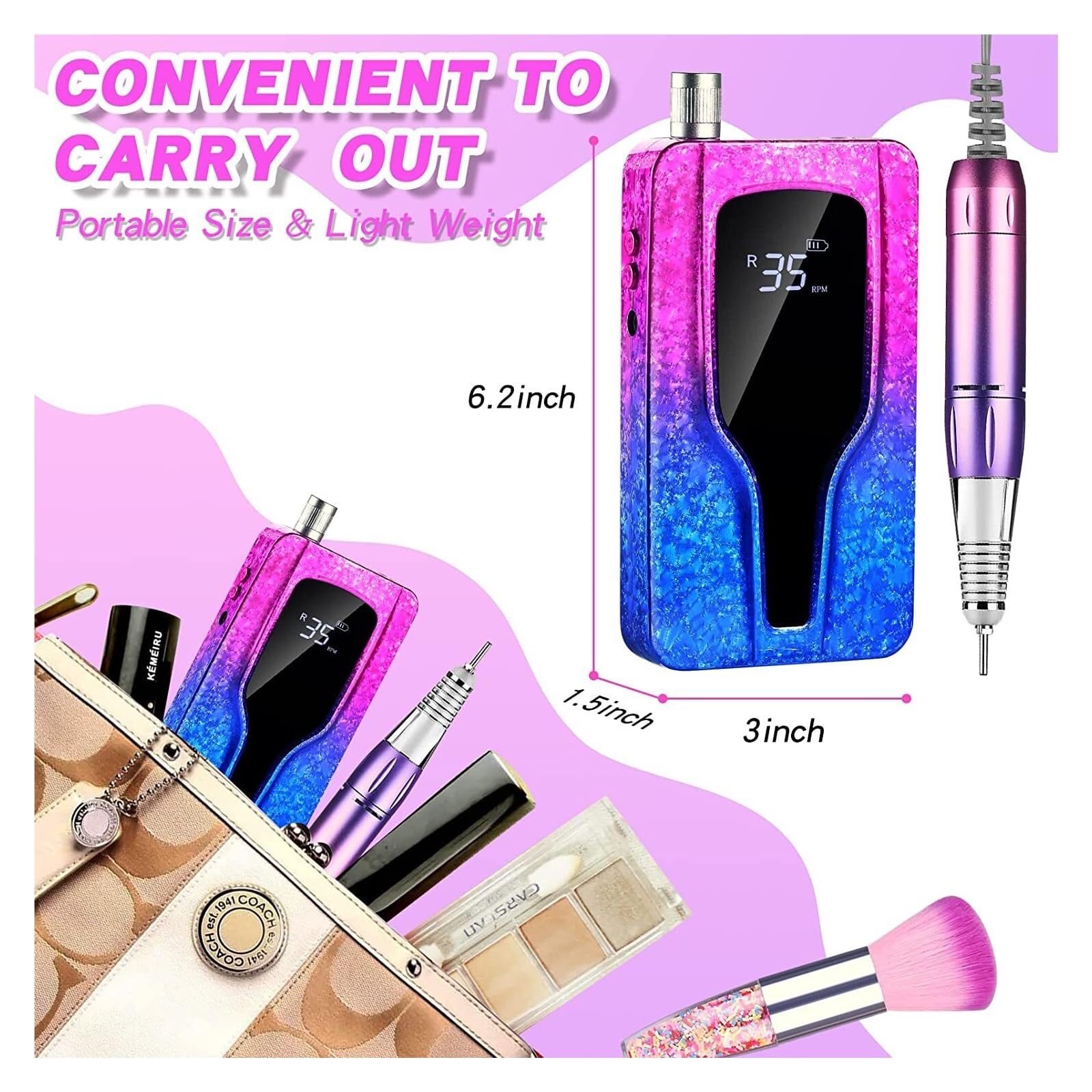 Torno para Uñas, Taladro eléctrico de uñas de 35000RPM, lijadora de uñas recargable, juego de removedor de gel con pantalla LED, equipo portátil de pulido de salón de uñas(P40 SET 1)