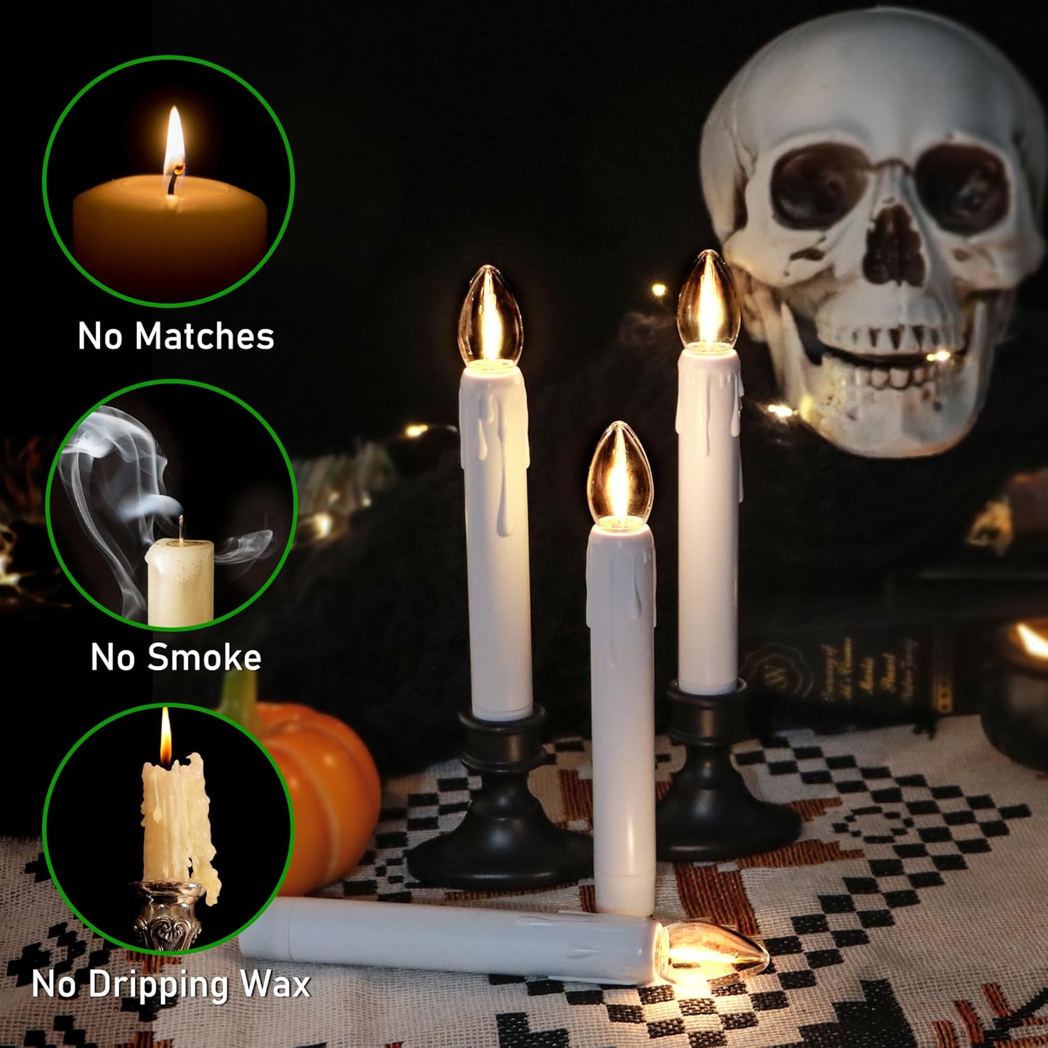 Daord Flameless LED Taper Candles with Removable Black Base & Suction Cups Electric Christmas Window Candle Lamp with Plastic Bulb,for Home Halloween Christmas Table Decor (6pcs，White)