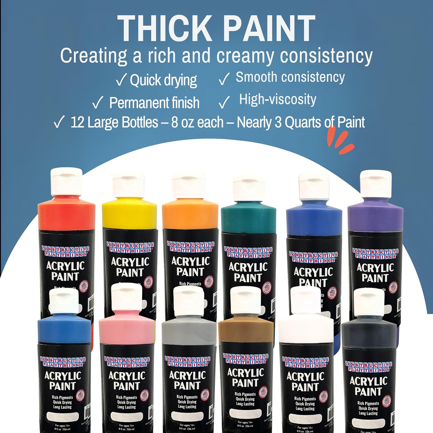 Constructive Playthings Acrylic Paint Set – 12 Vibrant 8 oz Bottles Made in the USA – Thick, Rich Pigment for Rock Painting, Pouring, Fluid Art & Canvas Painting
