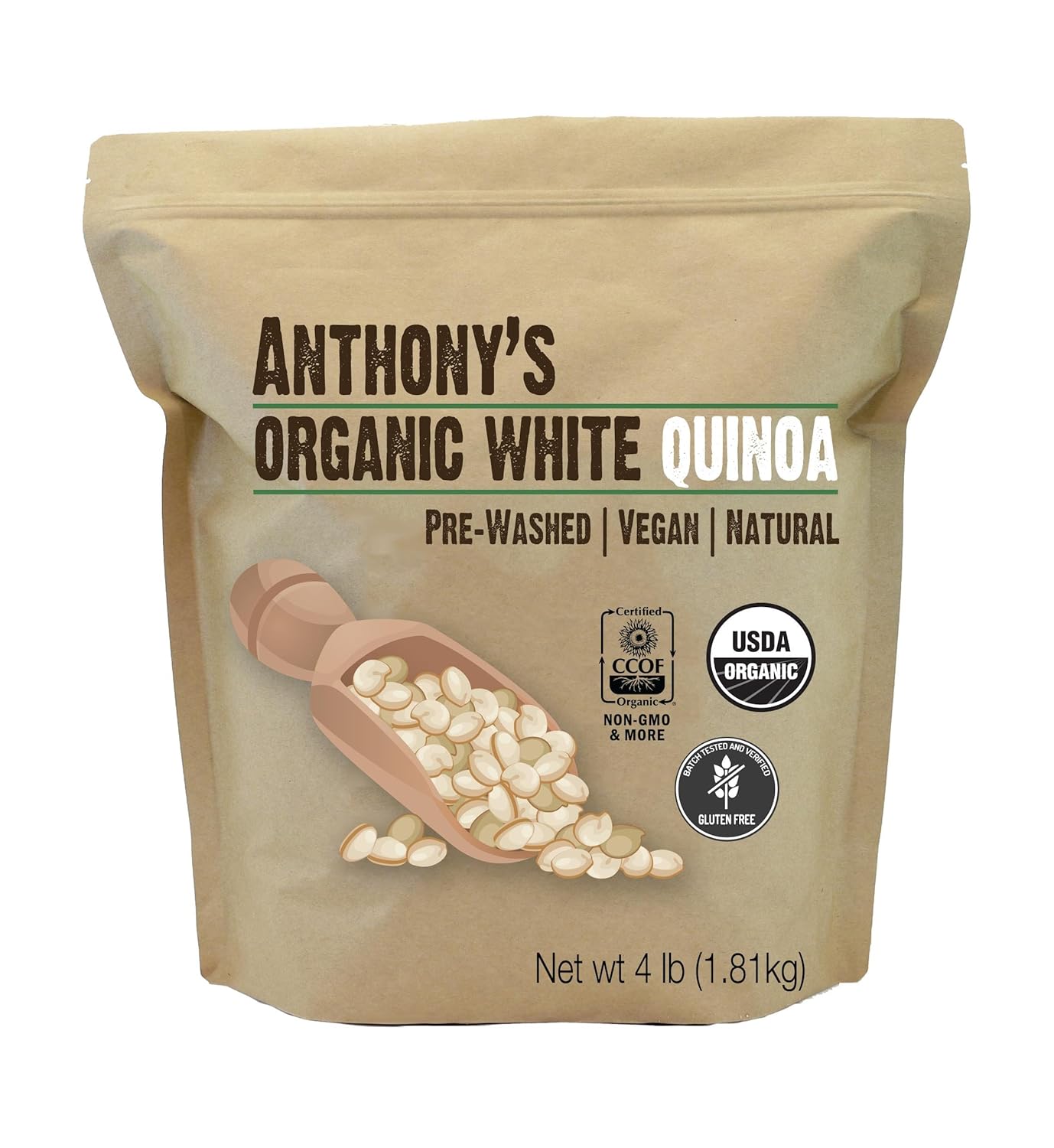 Anthony's Organic White Quinoa 4lb - Gluten-Free, Non-GMO Whole Grain Superfood, 1:1 Rice Substitute from Peru