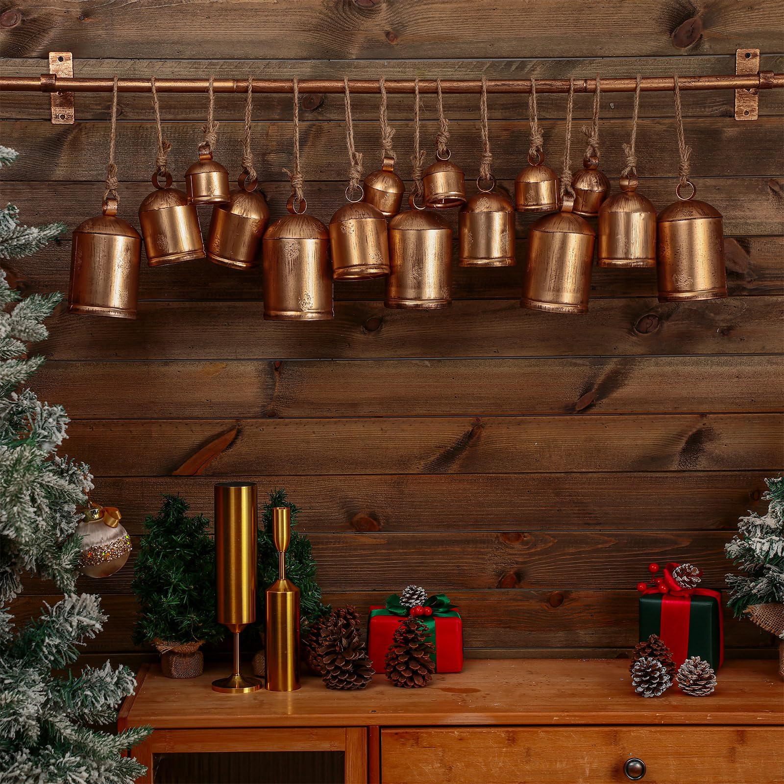 Karenhi 16 Pcs Christmas Cow Bells Decor Giant Vintage Rustic Tin Metal