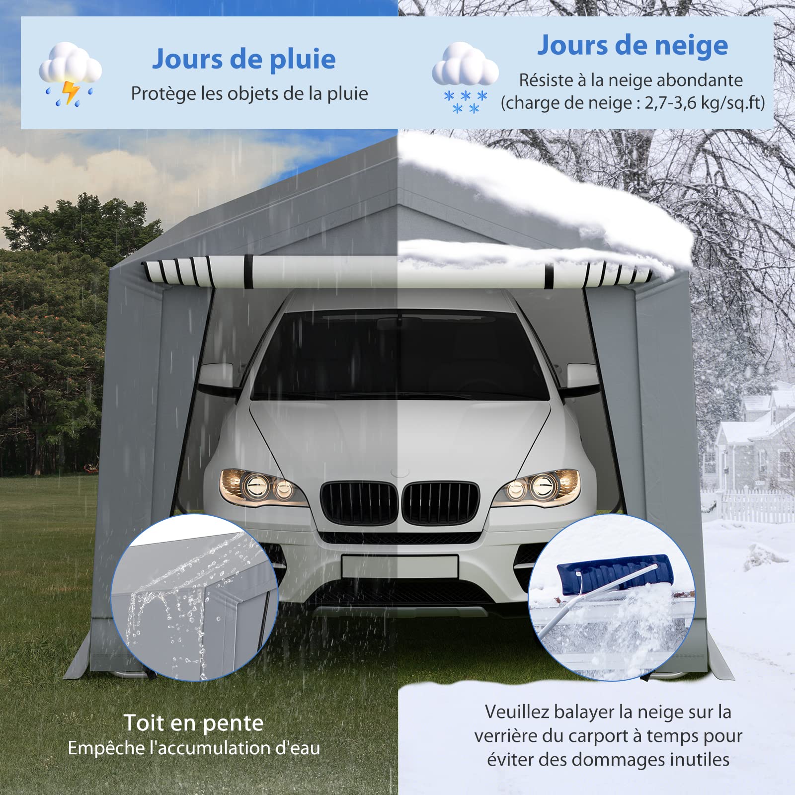 COSTWAY Tente Garage Carport Portable en Acier 290 x 490 cm, Abri Voiture Étanche Grand Auvent avec Portes, Poutres Triangulaires, Toutes Saisons pour SUV, Bateau, Cargaison