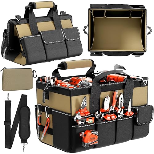 Goovilla Tool Bag 15.5 Inch with 1 Pouch | 17-Pocket Portable Tool Box Organizer Storage with Adjustable Strap, Soft Handle and Durable Zipper | Heavy Duty Tool Bags for Men, Father’s Day (Khaki)