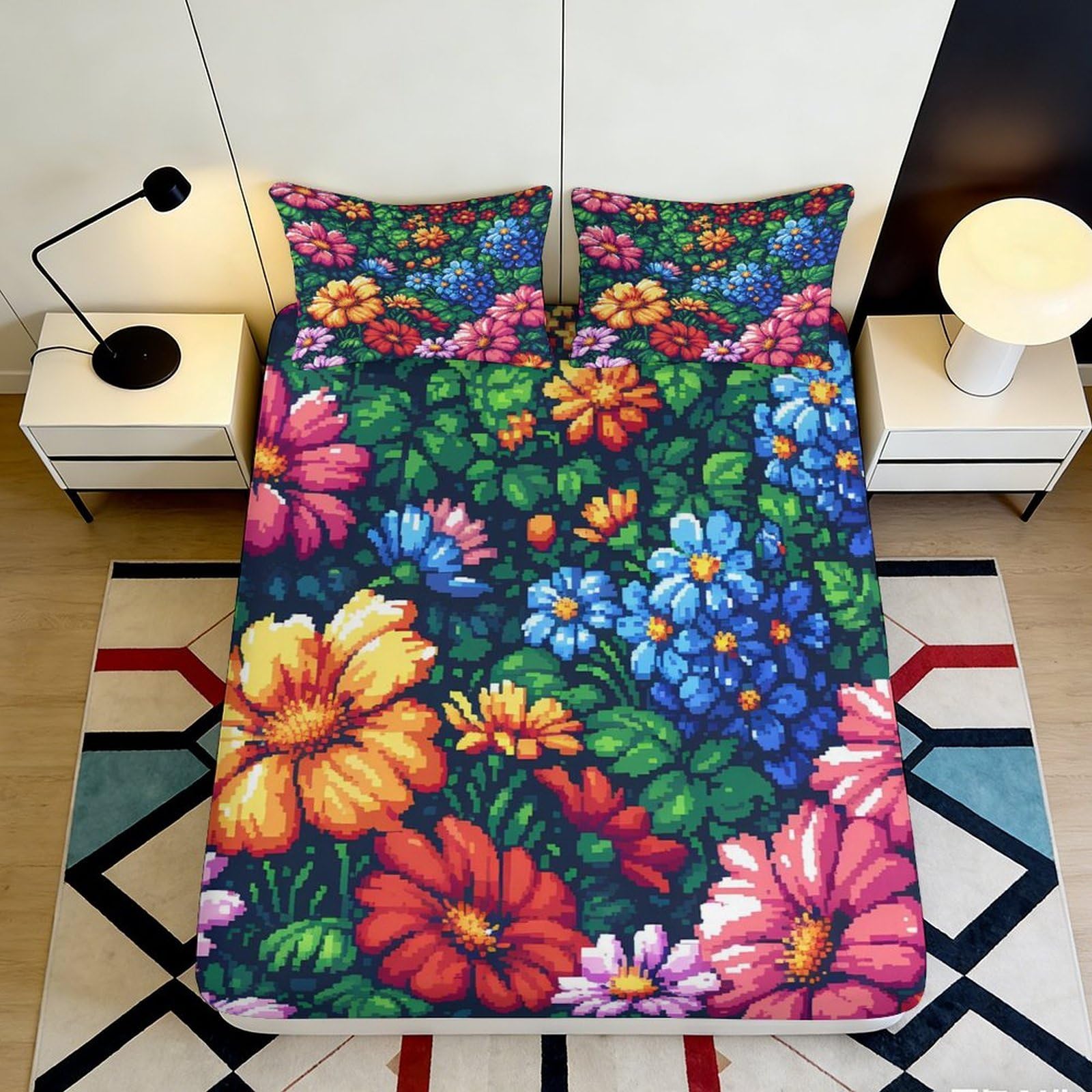 Vibrant bedroom decor 3D Printed Fitted Sheet with floral pattern, soft touch Microfiber, wrinkle resistant, guest room bedding, easy care 160x200x25cm