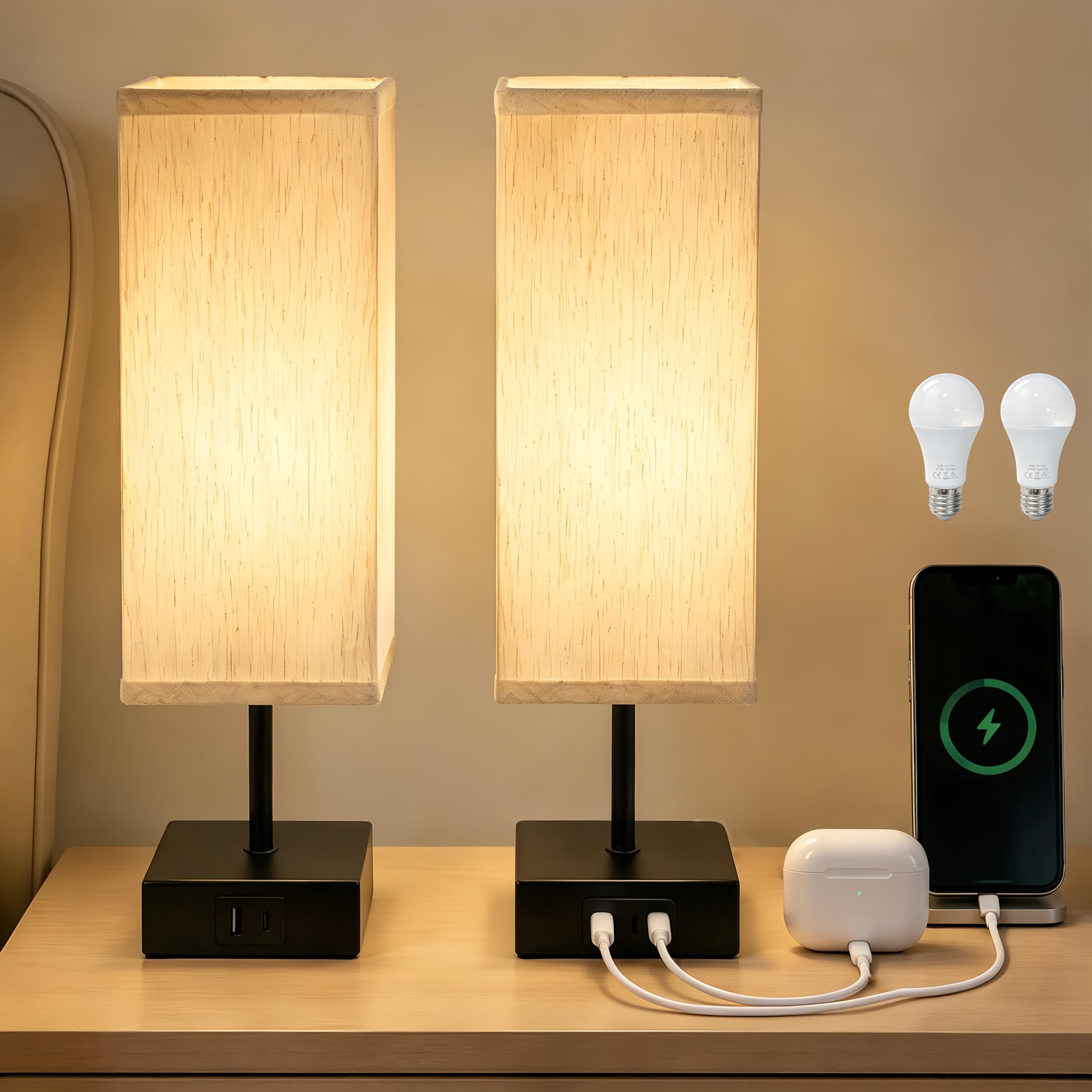 Lapitio Nachttischlampe Touch Dimmbar 2er Set, 3 Stufen Warmlicht 2 6-W-LED | Tischlampe mit USB und Type-C Ladefunktion, Leinen-Lampenschirm für Schlafzimmer, Wohnzimmer und Büros
