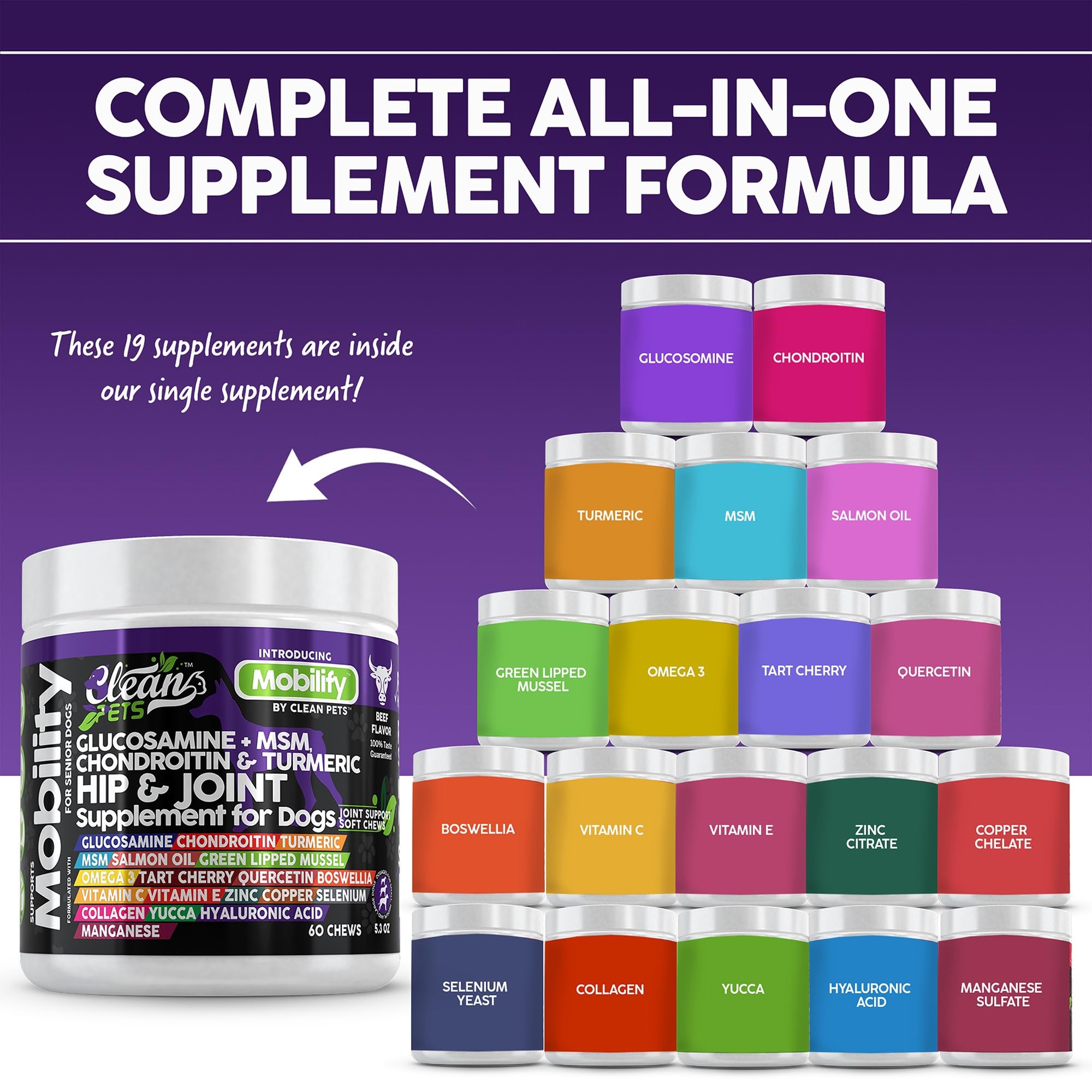 Hip and Joint Supplement Dogs with Glucosamine for Dogs + Chondroitin, Turmeric, Hyaluronic Acid, MSM, Salmon Oil, Collagen, Vitamin C, Omega 3 Senior Dog Supplements Beef Flavor - 1Pack - image 2