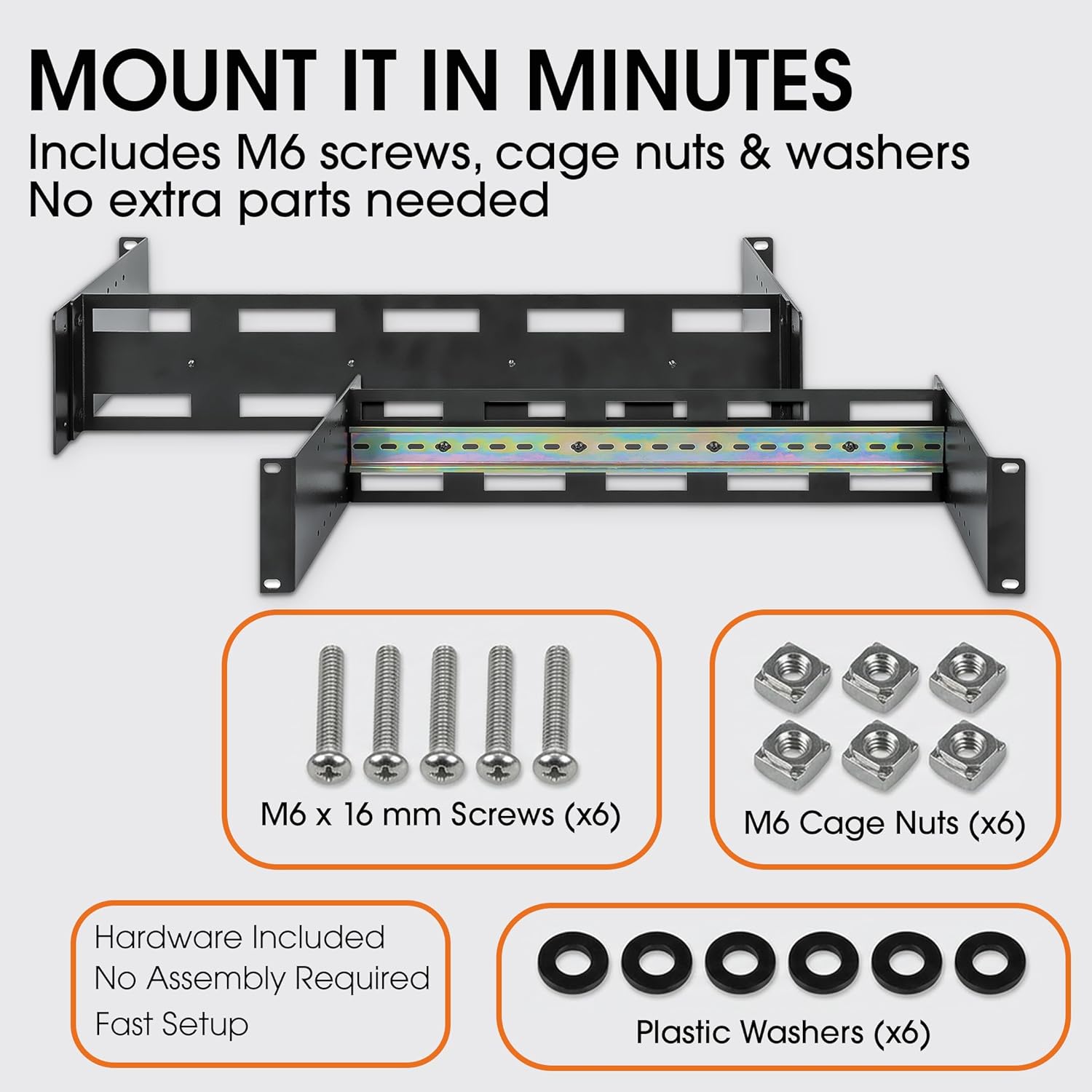 Intellinet 2U Adjustable 19-Inch Rackmount DIN Rail Kit, Depth-Adjustable 48–174 mm, Heavy-Duty Aluminum, 9 kg Load, Mounting Hardware Included - 716345
