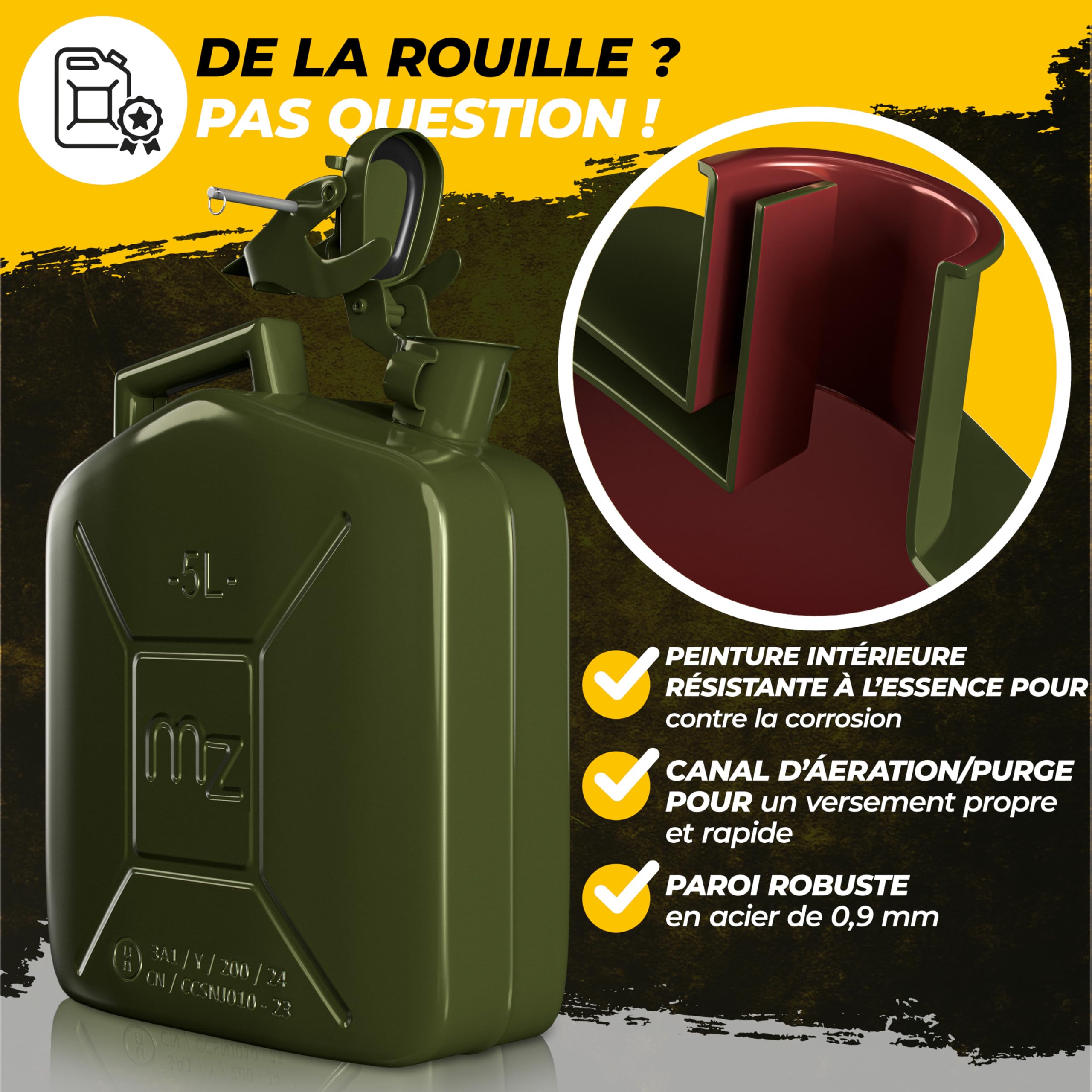 Jerrican en métal 5L Bidon avec bec verseur 24x12x35 cm Liquide carburants