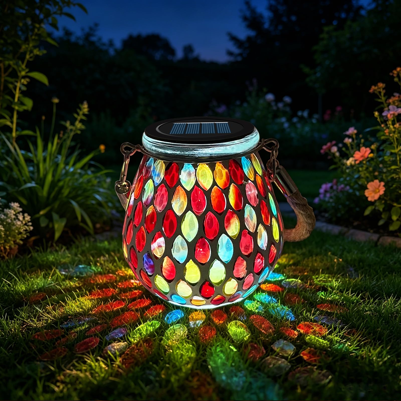 2PCS Solar Mosaik Leuchte Oval für Außen, On/Off Glas Mosaik Hängend Licht Solarlaterne Tischleuchte IP65 Wasserdicht für Rasen Pfad Hof Deck Boden Teich, Rot Mosaik Licht