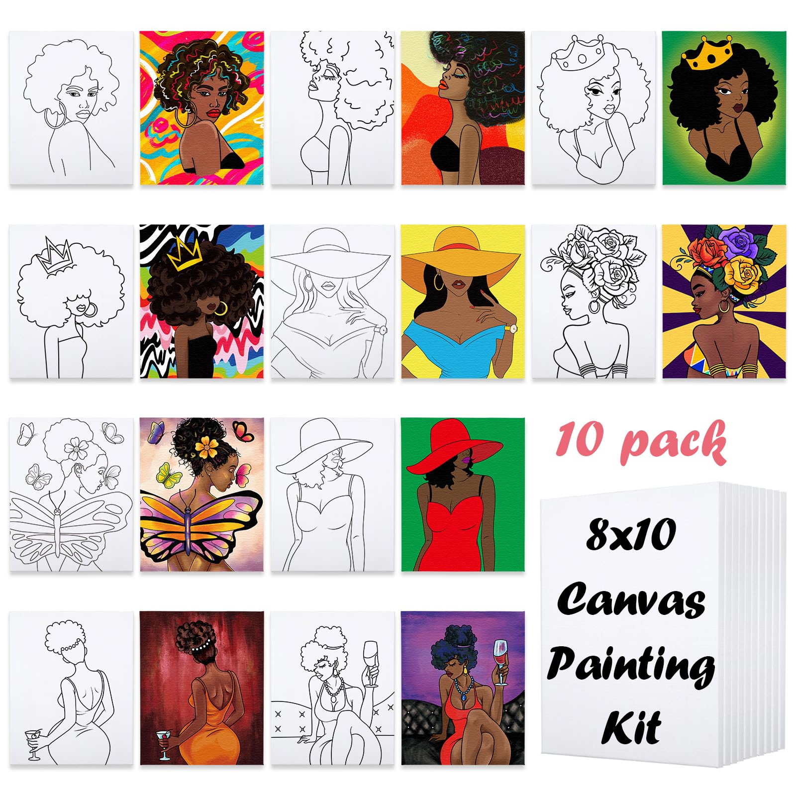 VOCHIC10 Pcs Sip and Paint Kit, Pre Drawn Canvas for Painting Adult Party Supplies, Stretched Outline Canvas Painting Set for Girls Night, Couple Date Night Game, Beginner Party Favor(8x10)