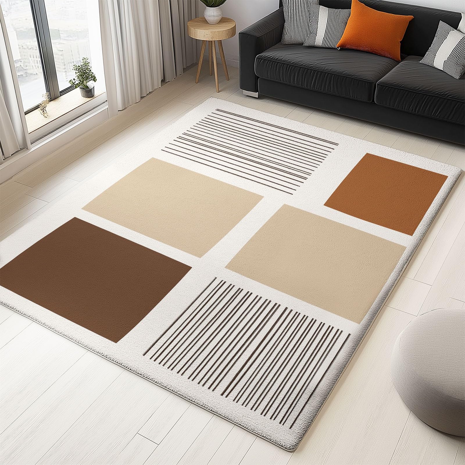 Tapis Décoratif, Tapis de Chambre 160 x 230 cm, Tapis de Salon, Tapis antidérapant, Lavable en Machine, Style Lignes Horizontales Simples, pour Cuisine, entrée, Marron Beige