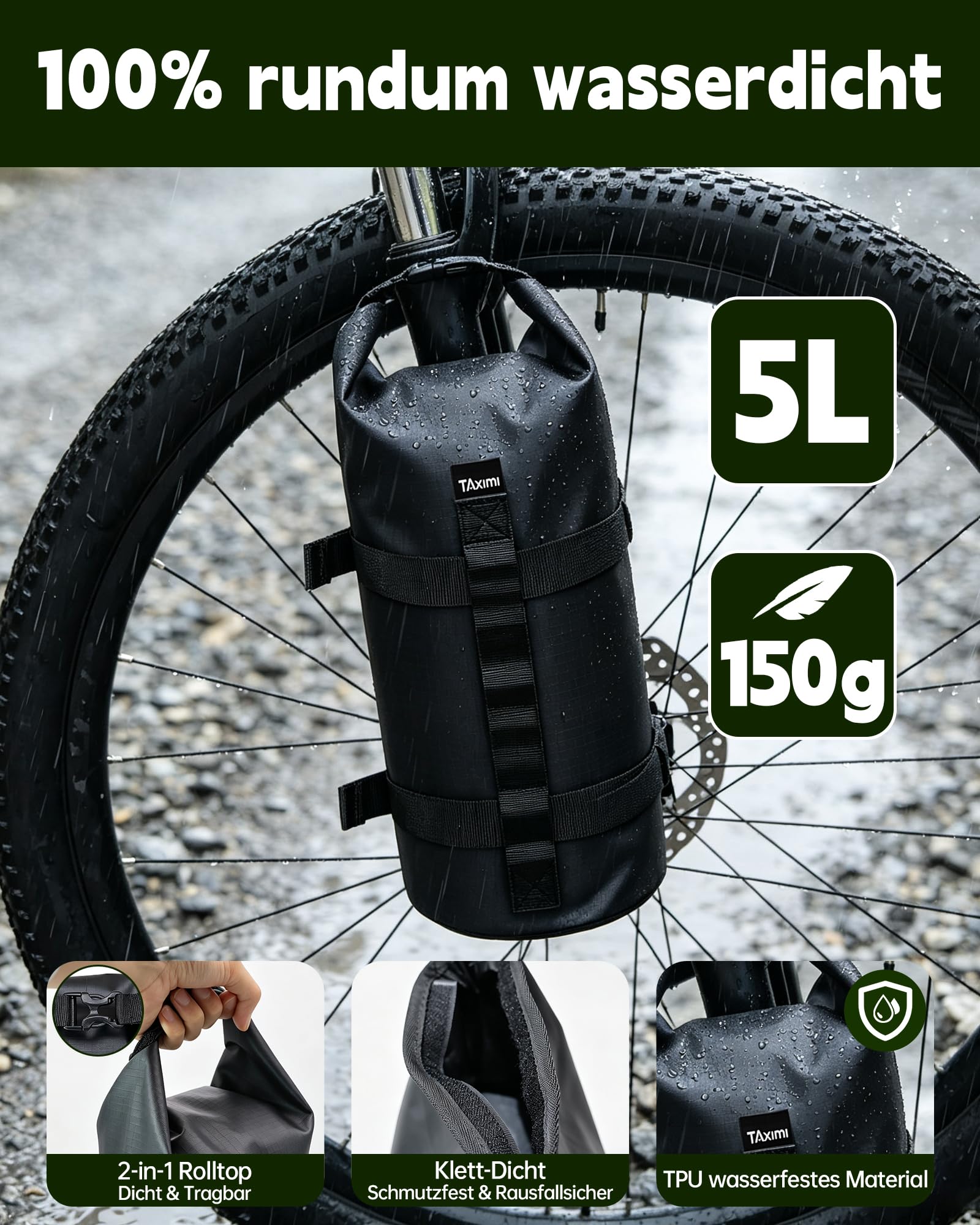 Sacoche Fourche Velo 5l étanche,Sacoche Avant Velo,Rolltop Fixation Facile | Matériau résistant aux déchirures & usure, pour sorties bikepacking et urbaines, protège pluie, boue et éclaboussures