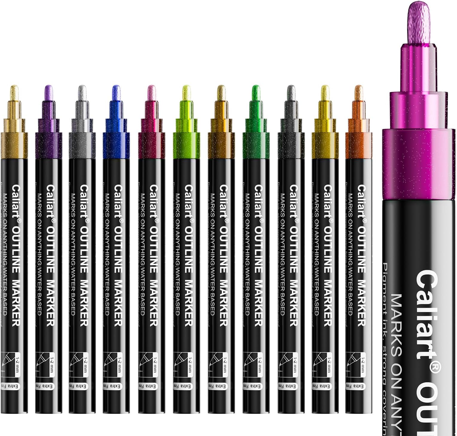 Caliart 12-Color Shimmer Double-Line Drawing Doodle Outline Markers, Aesthetic Cute Preppy Stuff School Supplies, Glitter Markers Pens Set for Cards Lettering, Gift for 4-12 Year Old Girl Kids