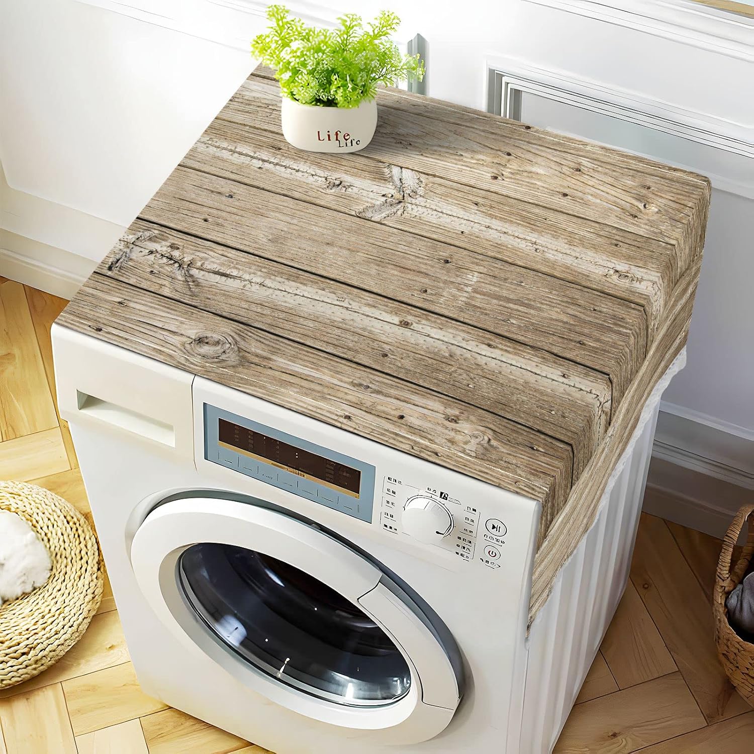 Rustic Wood Wooden Washing Machine Cover, 51''x22'' Non Slip Washer Dryer Top Cover Mat for Front Load Waterproof Refrigerator Fridge Dust Proof Cover with 4 Storage Bags Home Decor