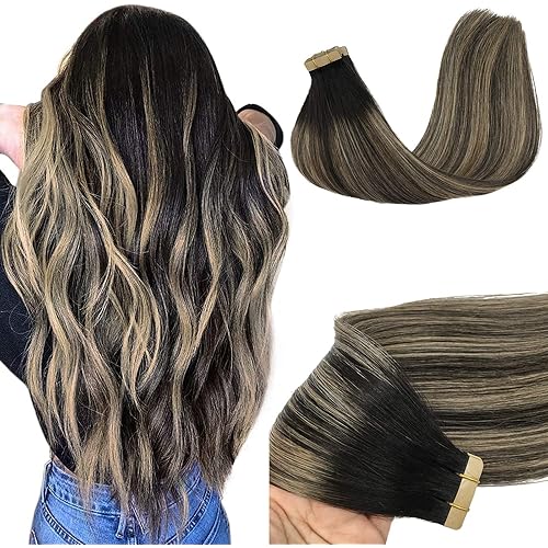 GOO GOO 20 Inch Tape in Hair Extensions Human Hair Balayage Natural Black to Light Blonde Color Real Hair Extensions 20pcs 50g Straight Tape in Hair Extensions