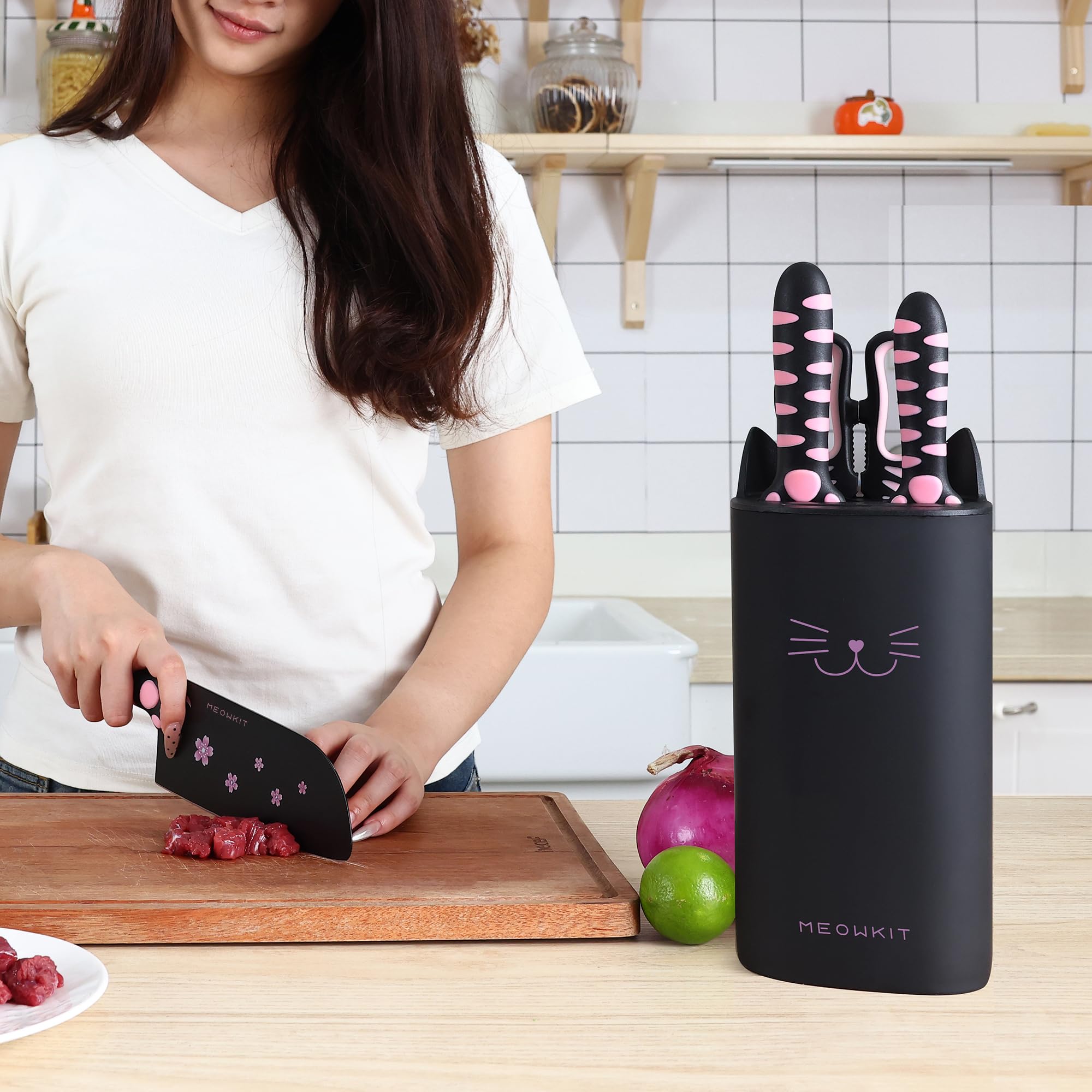 Bloc de Couteaux de Cuisine 5 Pièces, Set de Couteaux Professionnels en Acier Inox avec Ciseaux, Design Patte de Chat, Noir et Rose, Décoration de Cuisine Moderne
