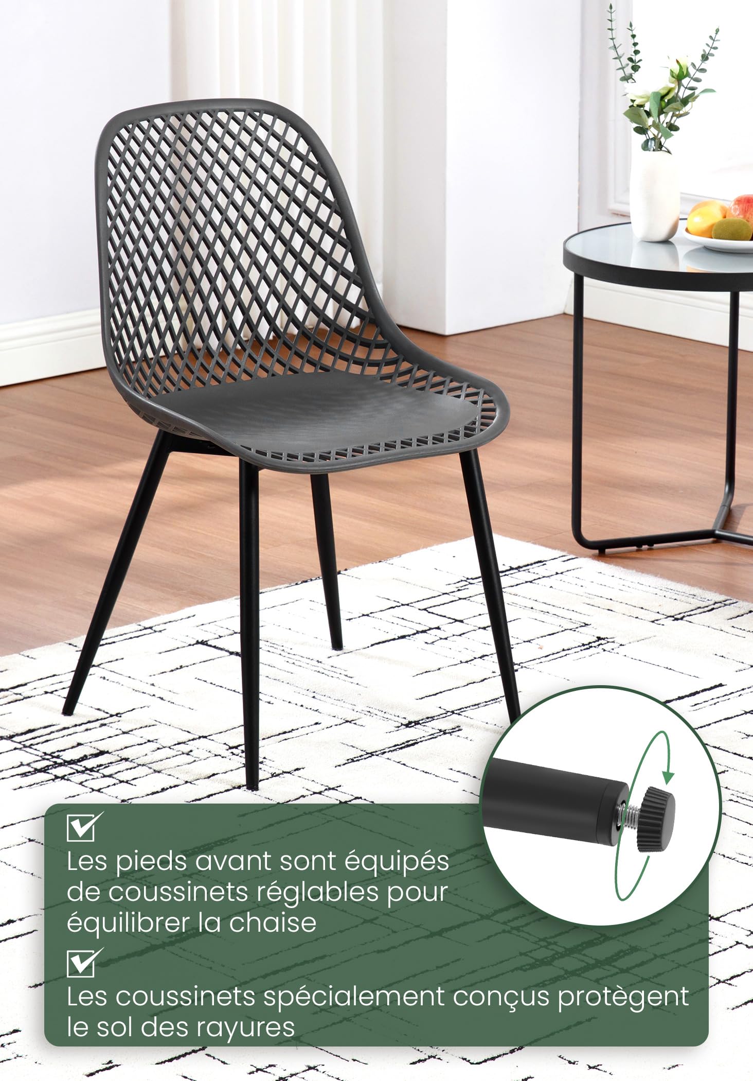 WOLTU Klihome Chaise de Salle à Manger Lot de 4,Noir | Chaise de Cuisine avec Pieds en Métal, Dossier Incurvé avec Design Évidé, Siège en PP