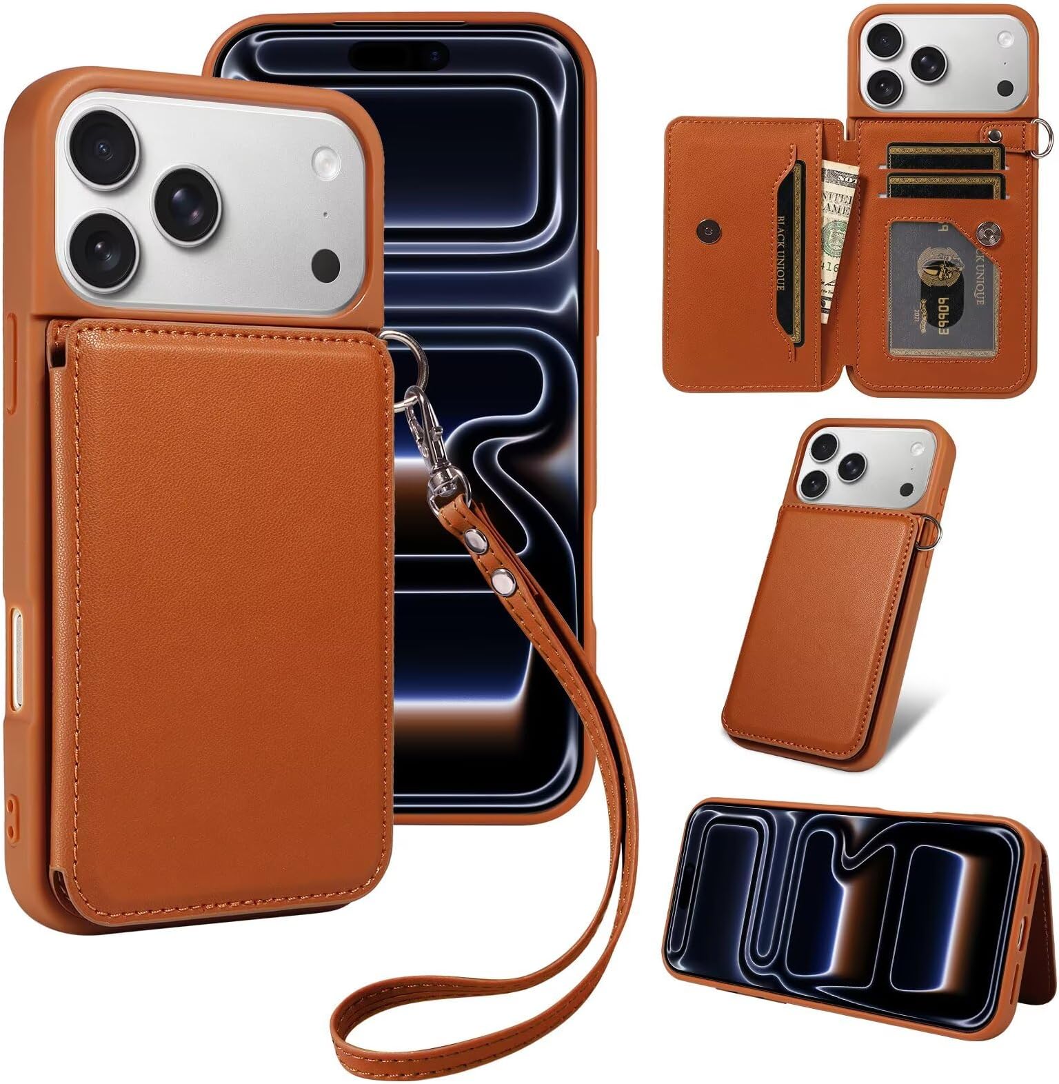 for iPhone 17 Pro Max Case Wallet, Card Holder Slot Stand Wallet Leather Cover Bracket with Lanyard Hand Strap Purse Case RFID Blocking Flip Folio Shockproof Phone Cover Brown ﻿
