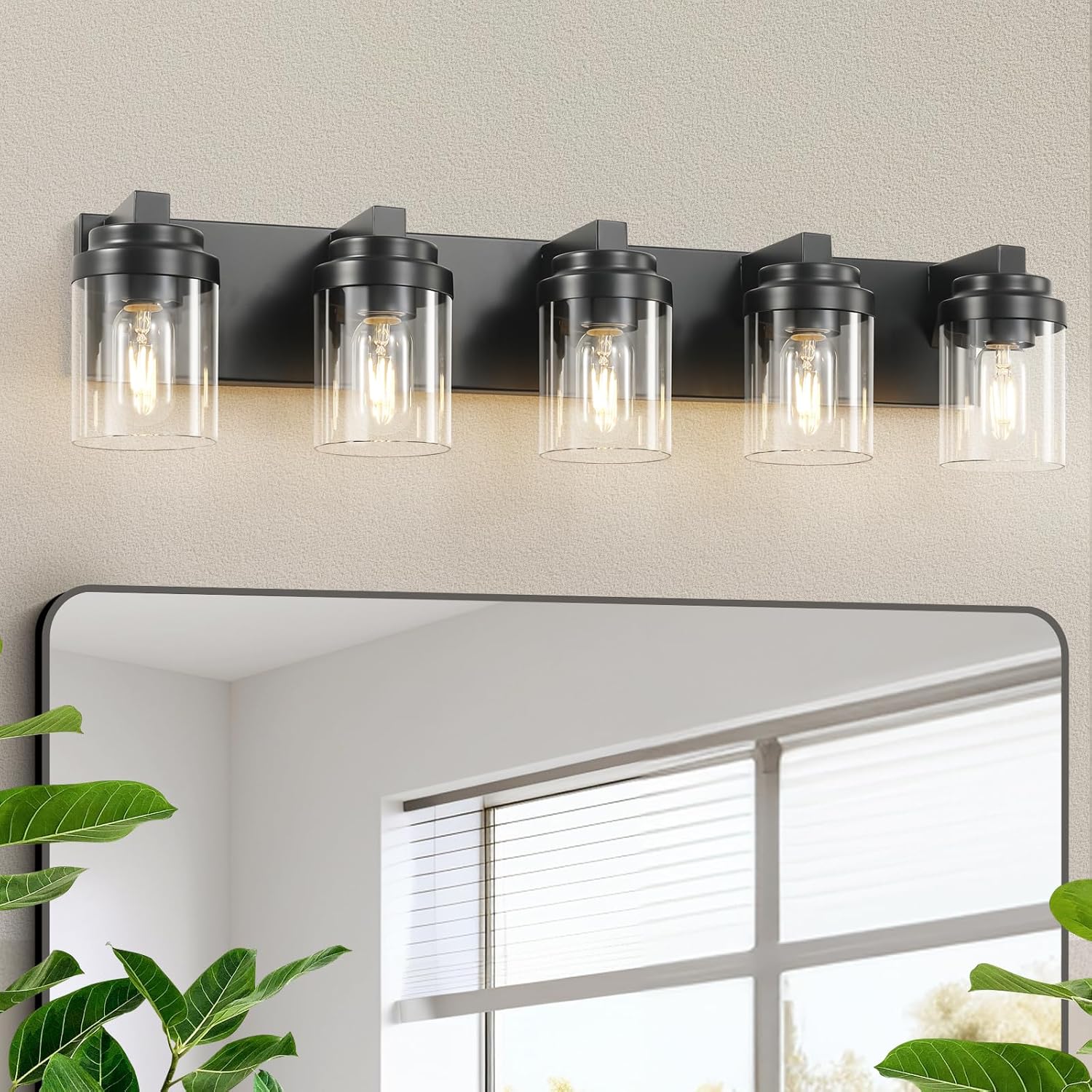 Bathroom Vanity Light, 4 Light Black Vanity Lights with Clear Glass Shade, Farmhouse Bathroom Vanity Lighting Fixtures Over Mirror for Living Room,E26