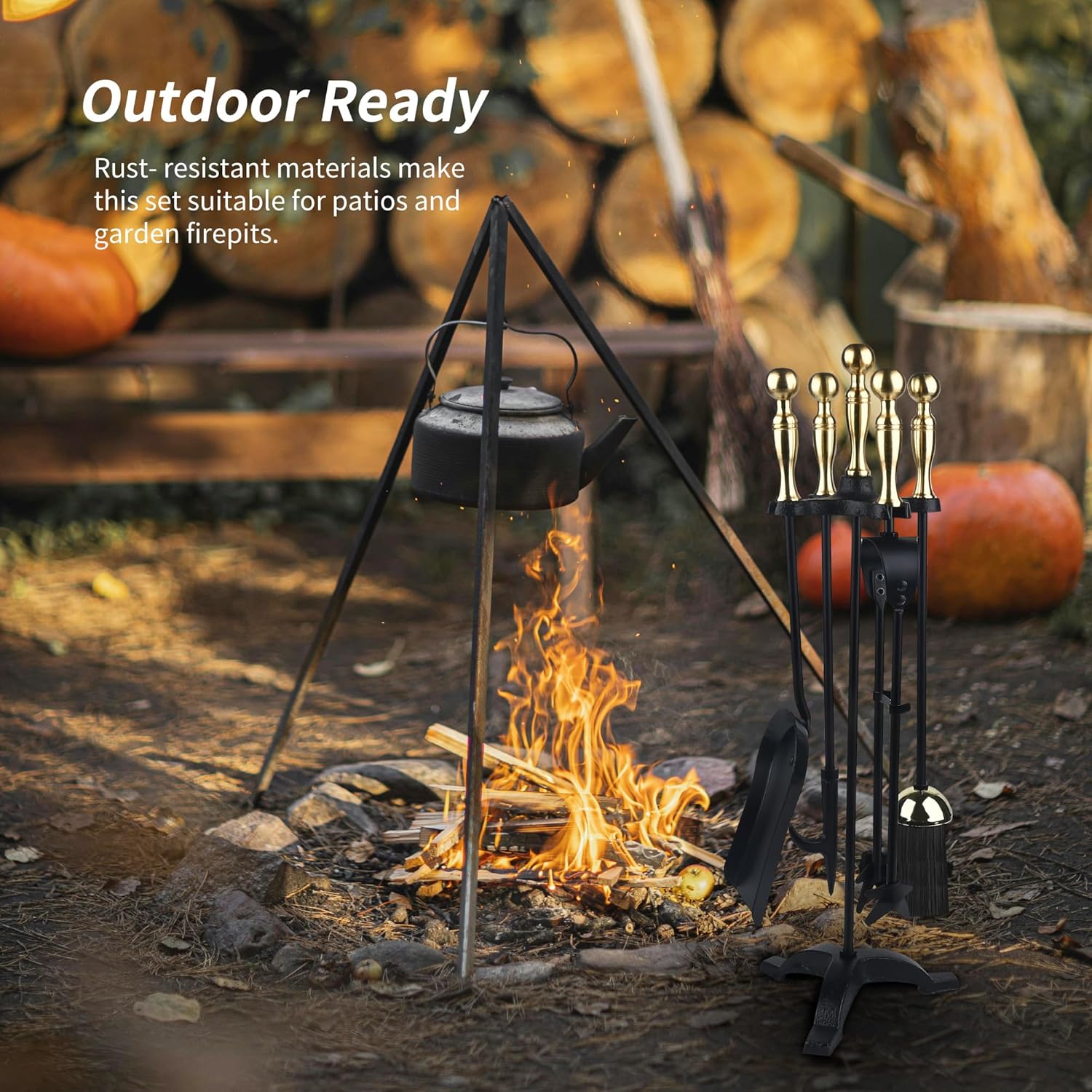 5-Piece Fireplace Tools Set with Stand – Wrought Iron Fire Pit Tool Kit with Poker, Tongs, Shovel, Brush & Heavy-Duty Base for Indoor or Outdoor Fireplaces (Black)