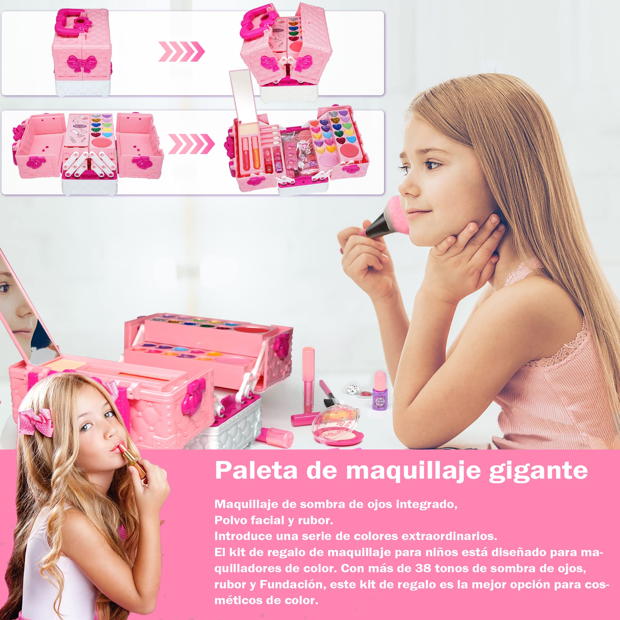 Juegos de Maquillaje para niños, Cajas de Maquillaje para niñas, Juego de 54 Piezas de Juguetes Lavables, Juguetes para niñas 4 - 12, Regalos de cumpleaños para Fiestas