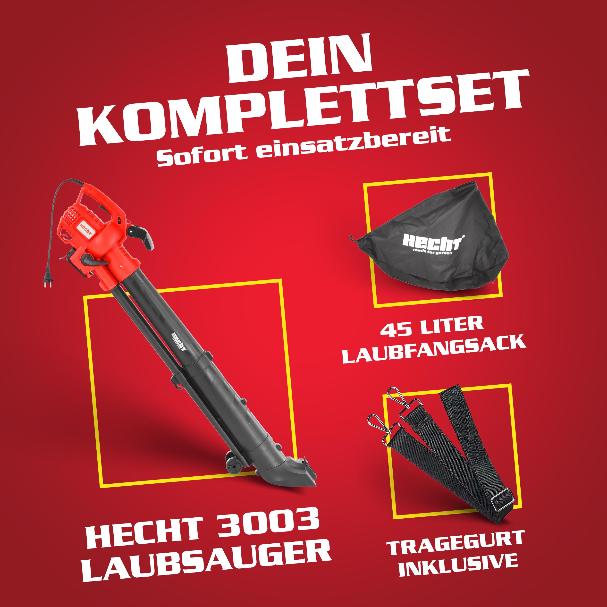 Hecht Elektro Laubsauger 3300 W 45 L mit Häcksler 10:1 | 270 km/h, 3,2 kg, Garten-Laubsauger mit Rädern und Tragegurt, großer Fangsack für Laubarbeiten