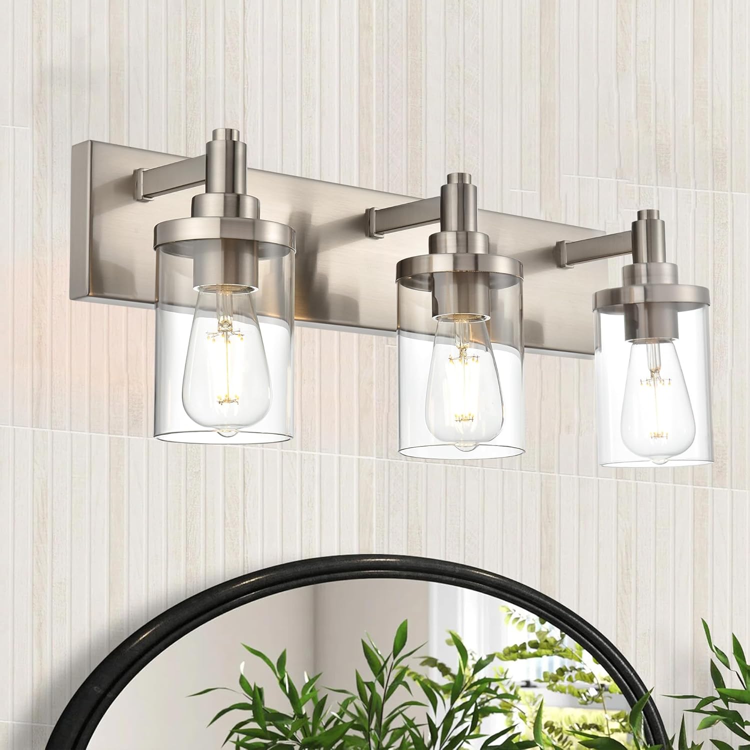 Modern Bathroom Vanity Lights,3-Lights Wall Sconce Lighting E26 Base Brushed Nickel Industrial Wall Light with Clear Glass Shade Bathroom Light Fixtures for Mirror Bedroom Kitchen Hallway
