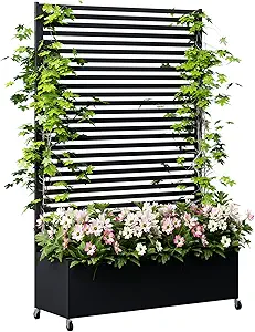 Metal Planter Box with Trellis Privacy Screen, Raised Garden Bed with Trellis & Wheels, Privacy Planters for Patio, Planter Box with Drainage Holes for Climbing Plants, Flower, 73"x 47"x 16", Black