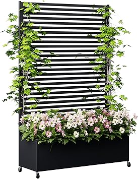 Metal Planter Box with Trellis Privacy Screen, Raised Garden Bed with Trellis & Wheels, Privacy Planters for Patio, Planter Box with Drainage Holes for Climbing Plants, Flower, 73"x 47"x 16", Black