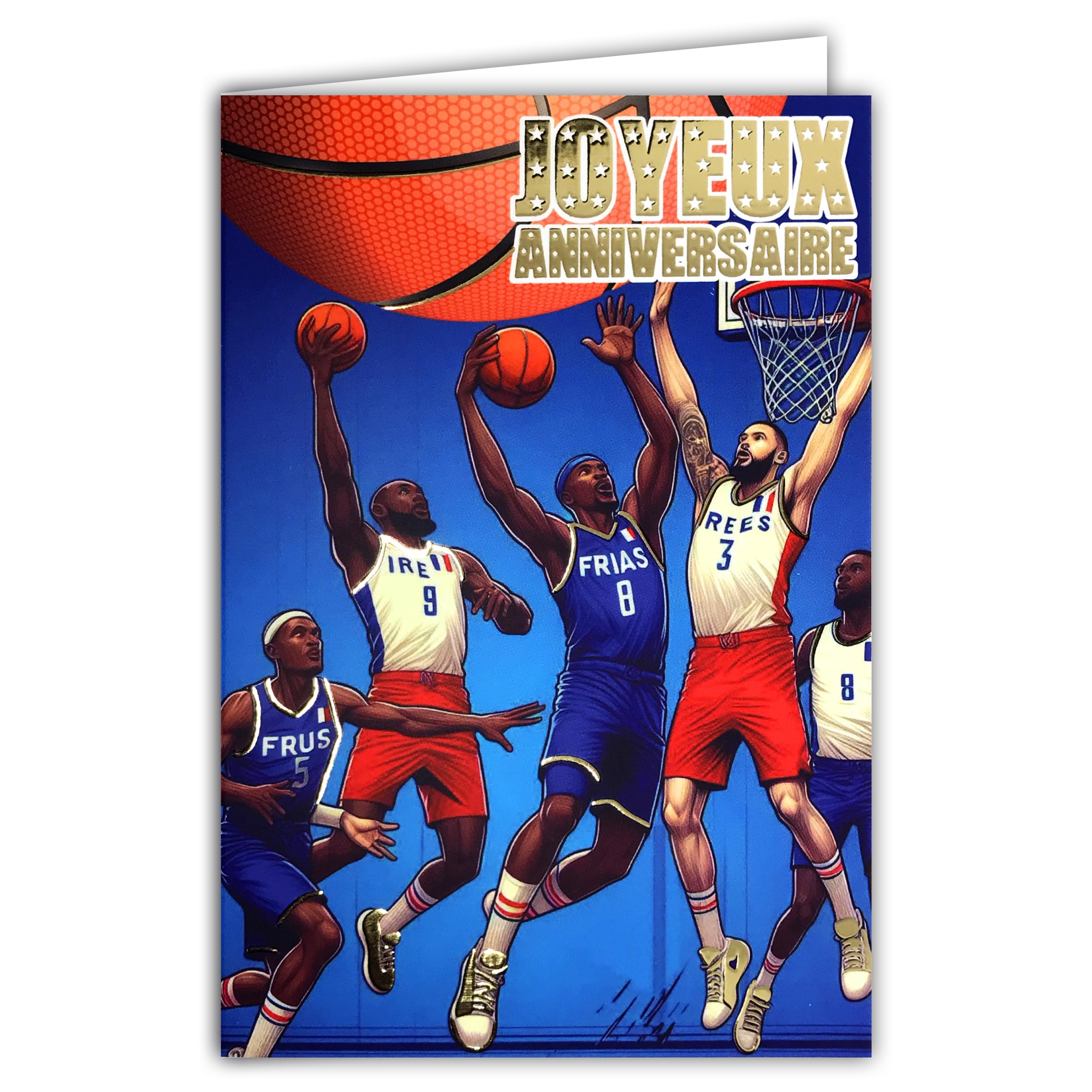 AFIE 65-1423 Happy Birthday Basketball Card in Shiny Gold with Envelope 12 x 17.5 cm for Sporty Basketball Player Basketball Player Champion Basket Supporters Team France Olympic Games