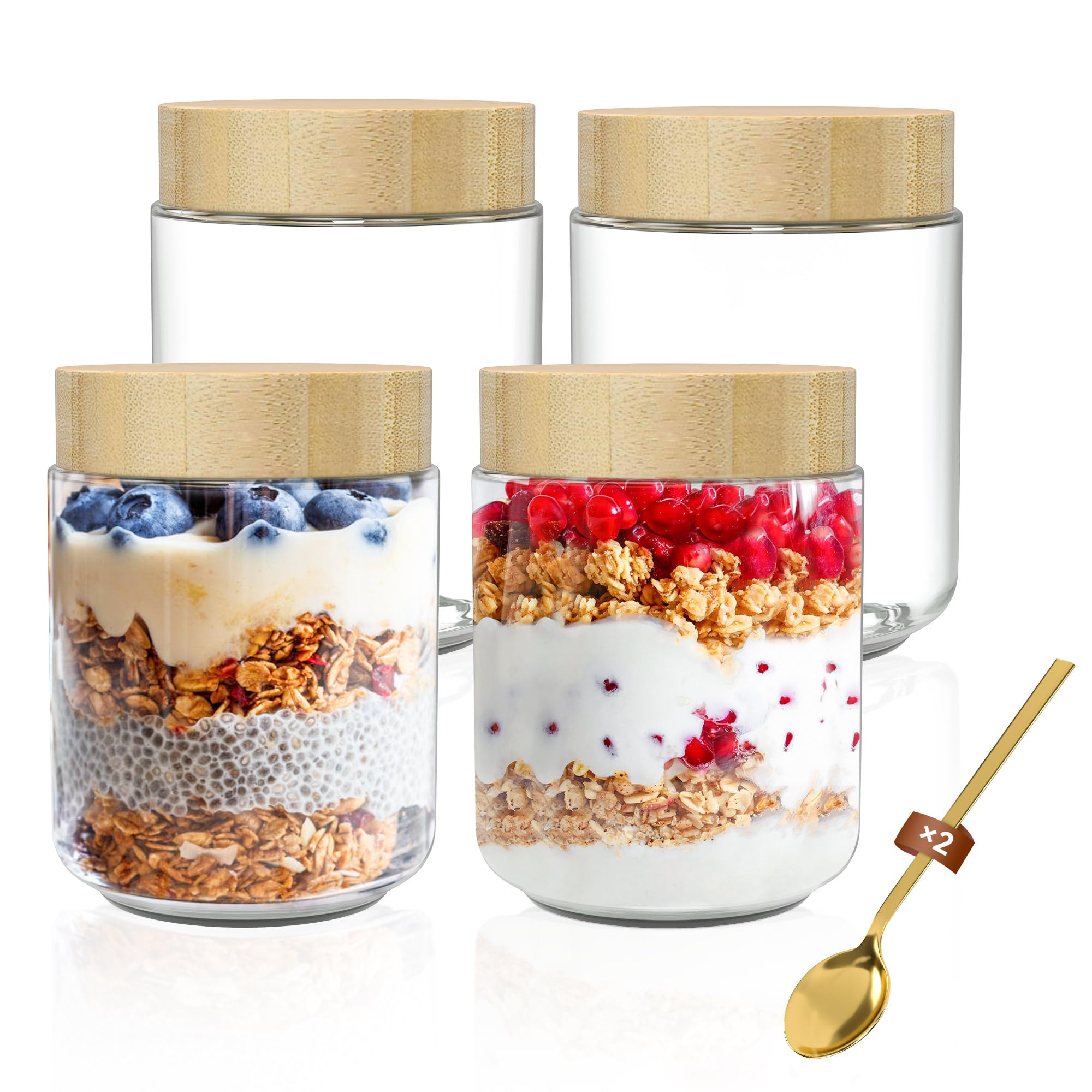4 Pots Overnight Oats Verre 300ml TranRantic - Bocaux Hermétiques Avec Couvercle - Meal Prep