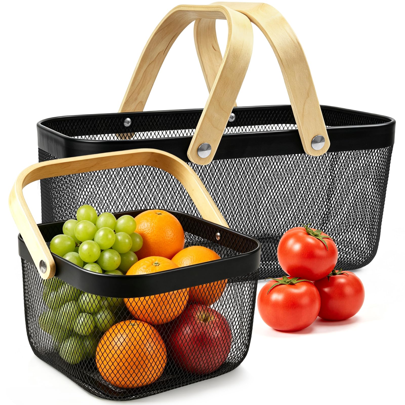 Cheardia Paquete de 2 cestas de picnic, cesta de cosecha de malla de metal con mango de madera plegable, cesta de almacenamiento rectangular para jardín, verduras, frutas, jardín, cocina, armario,