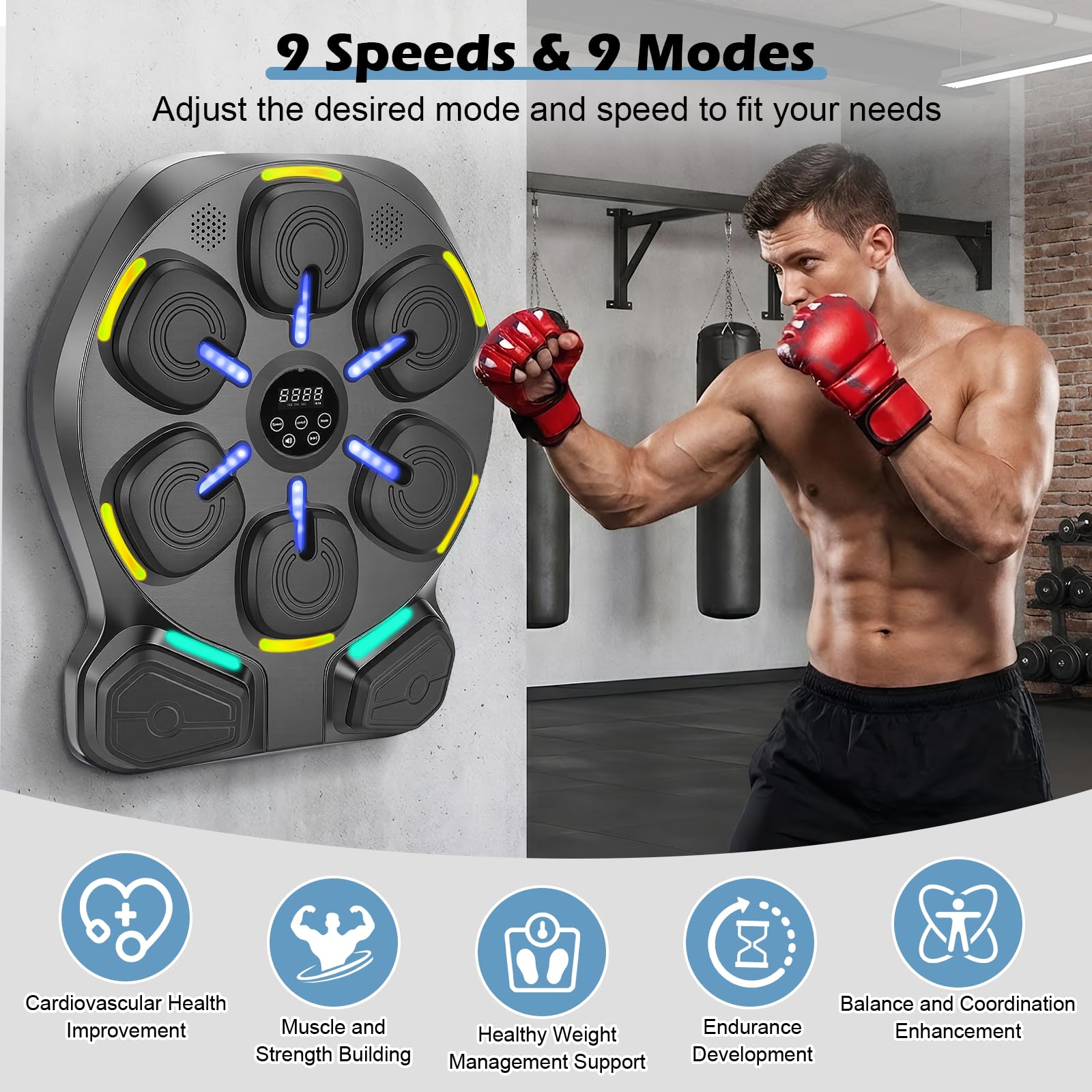 Macchina da boxe con musica, montaggio a parete, 9 modalità e 9 livelli di velocità, allenatore musicale con illuminazione a LED e Bluetooth, guantoni da boxe, per casa, ufficio e palestra