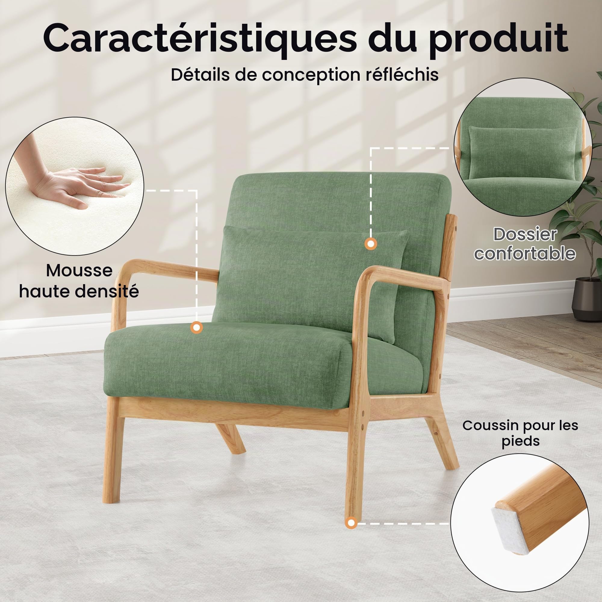 Fauteuil d'Accent Moderne avec Oreiller Sillon Confortable Cadre en Bois Massif Tapissé Style Mid-Century pour Lecture Salon Chambre,Vert