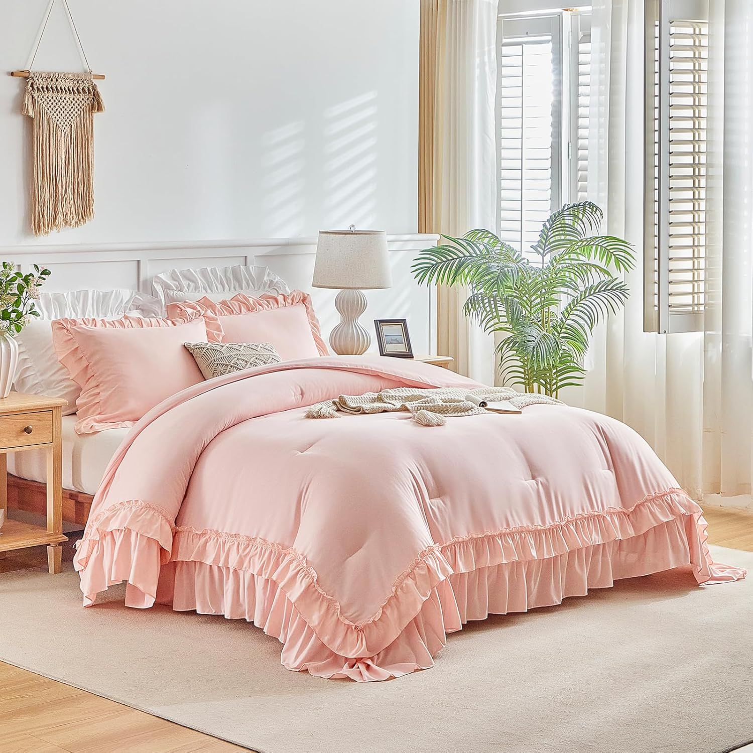 Flysheep Pink Ruffle Comforter Set Twin Size, 3 Pieces Vintage Farmhouse Shabby Chic Comforters, Solid Color Lightweight Soft Fluffy Bedding Sets for Girls (1 Ruffled Comforter + 2 Pillow Shams) - Image 7