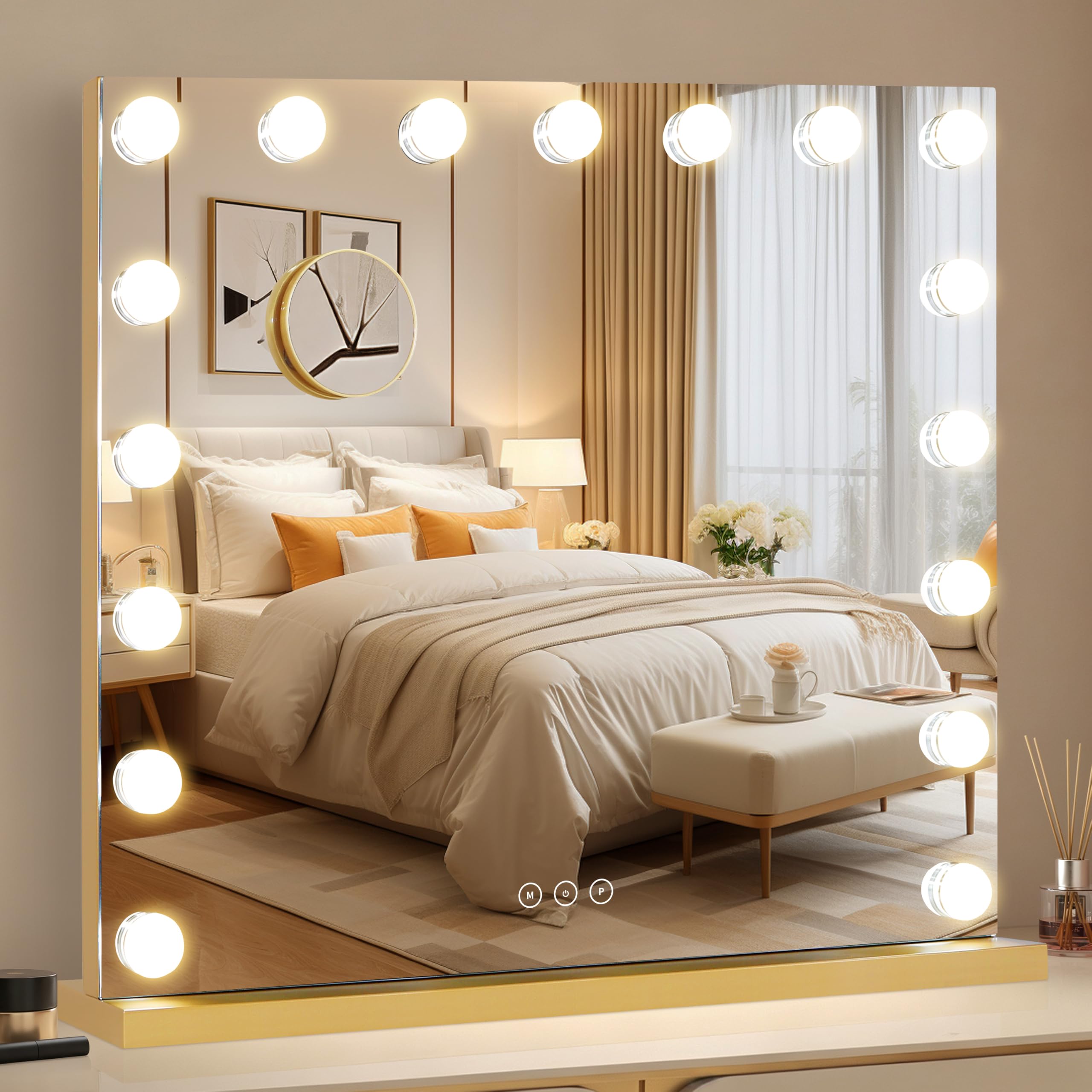 Vanity Mirror with Lights 23.6''x20.5'' Makeup Mirror with Lights Lighted Up Mirror with Dimmable Bulbs,3 Color Lighting Modes,USB Charging Port Touch Control Design Gifts for Women Gold