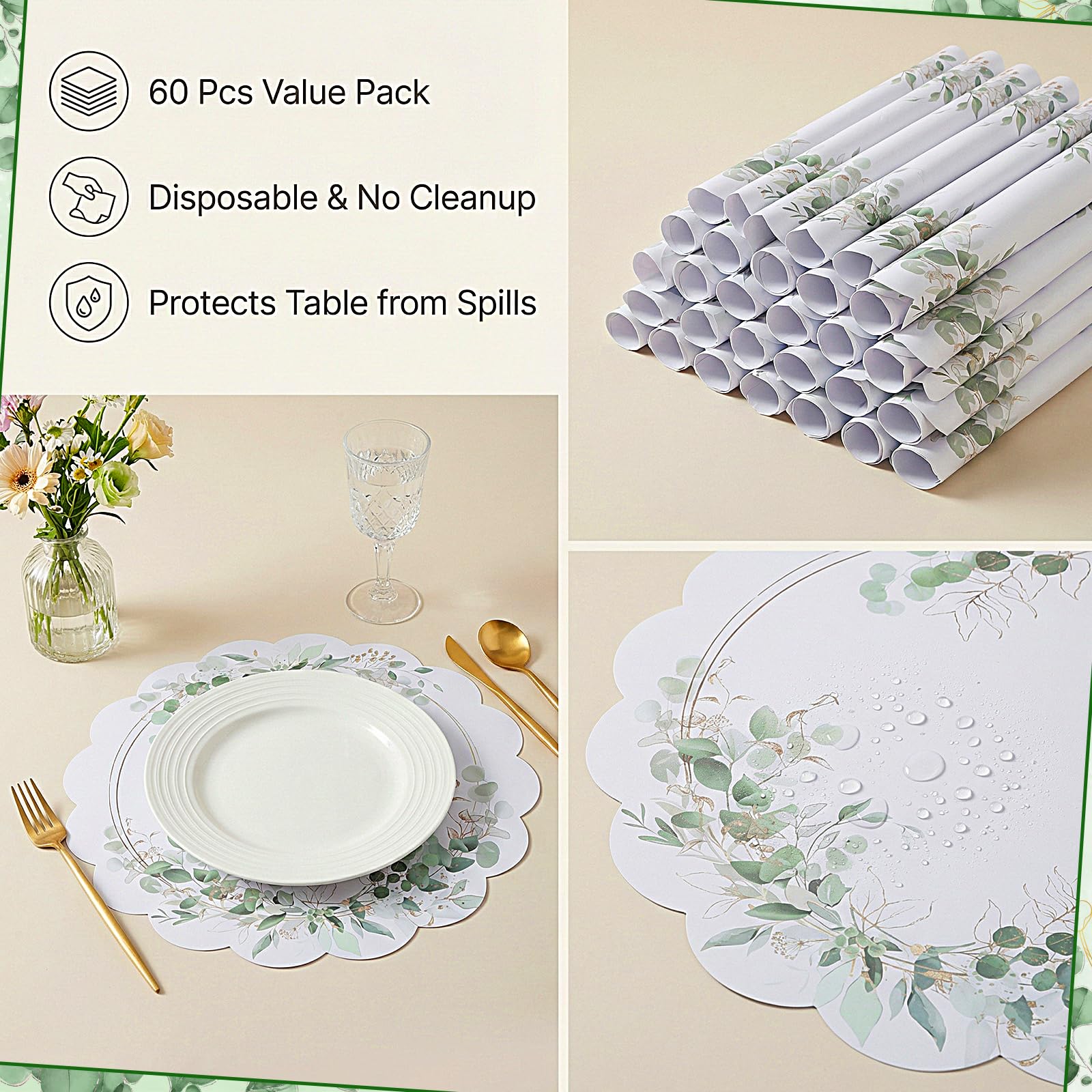 60 manteles individuales de papel de hojas de eucalipto, manteles individuales desechables festoneados de 13.5 pulgadas, manteles individuales de boda, manteles individuales redondos para banquetes