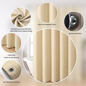 MISS SELECTEX Fabric Shower Curtain Matt Waffle Weave Shower Curtains for Bathroom, Luxury Hotel, Waterproof 230 GSM Heavy Duty Classic Durable Fabric Bathroom Curtain Machine Washable(72Wx78H, Linen)