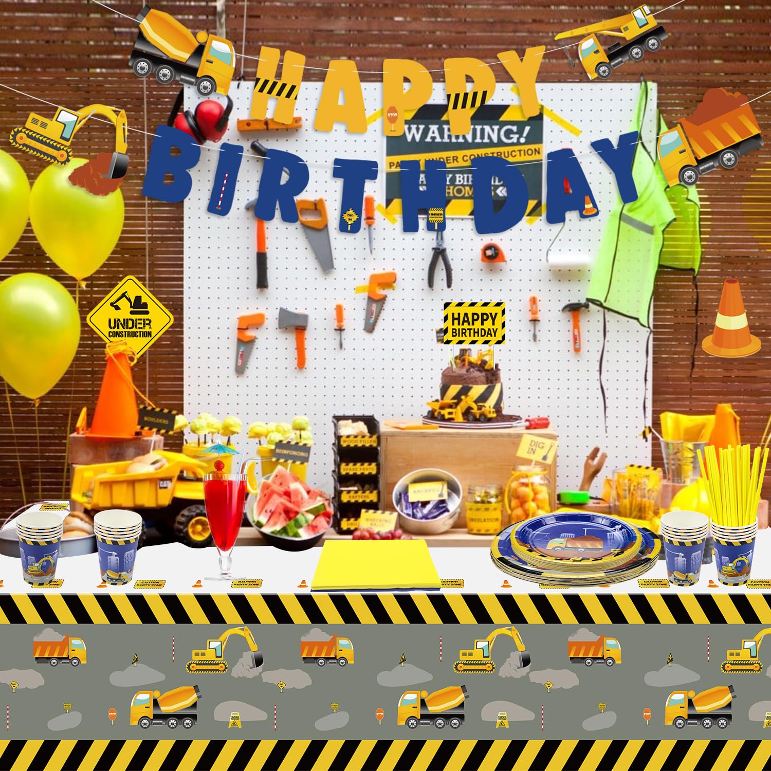 Set Stoviglie Compleanno Tema Cantiere - 20 Posti Con Piatti, Bicchieri, Tovaglioli, Tovaglia E Striscione - Foto 11