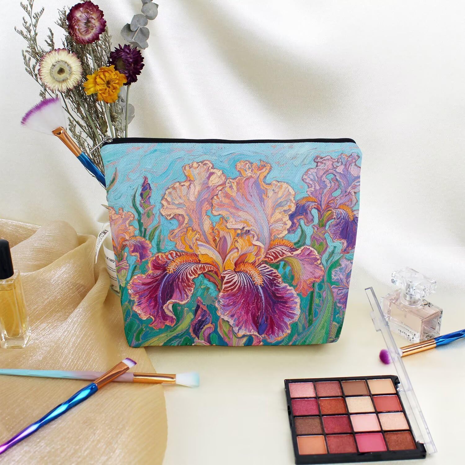 Iris Flower Makeup Bag Portable Organizer Bag Travel Toiletry Zipper Pouch Artistic Oil Painting Flowers Cosmetic Bag for Women Birthday Gifts - Image 6