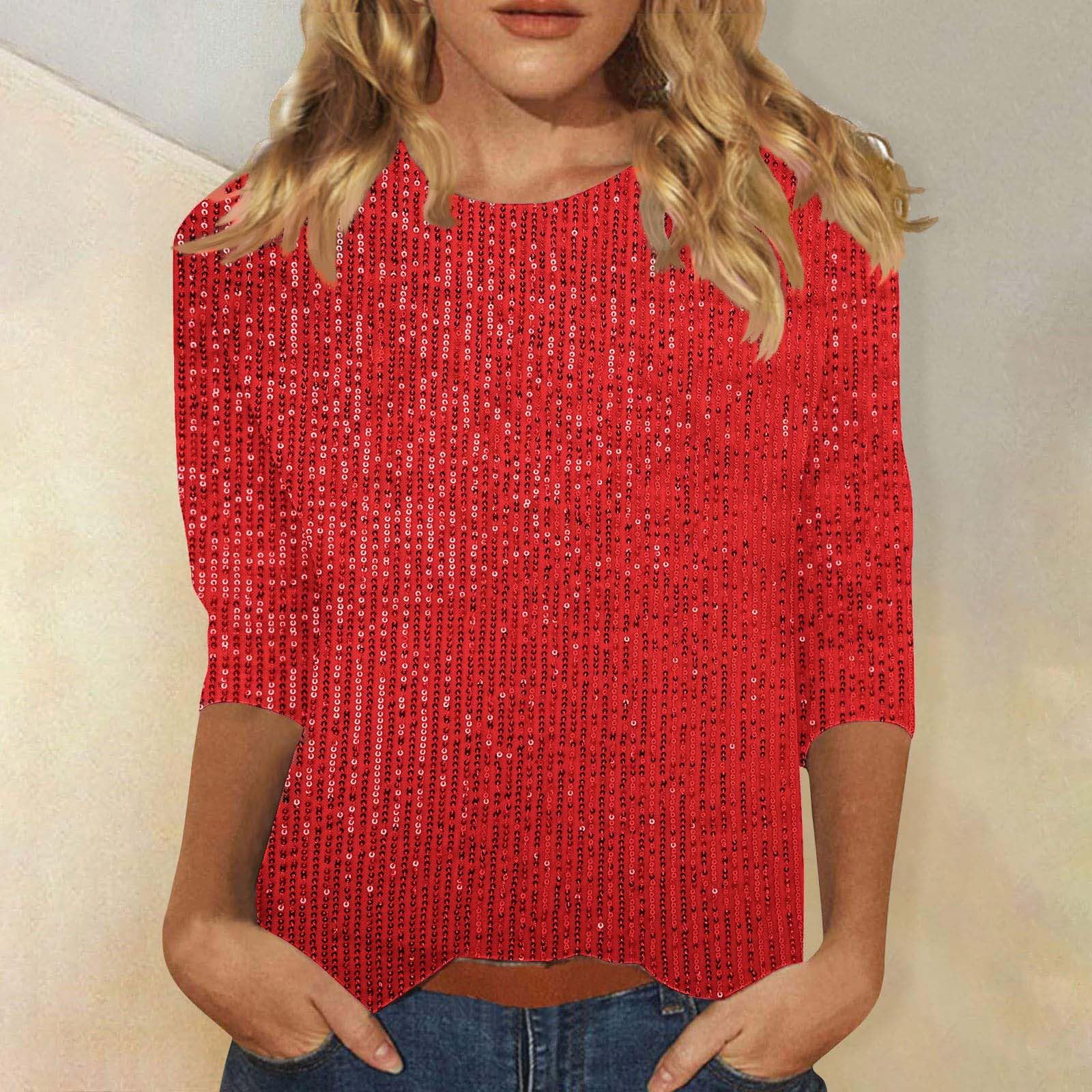 KHIRVWL Top Donna Casual a Stampa Brillante Scollo Tondo Maniche 3/4 Magliette Sparkly Curvy Manica a Campana Sequin Camicia Glitter Nera Capodanno Maglie Brillantini Sera Top Cerimonia Camicette
