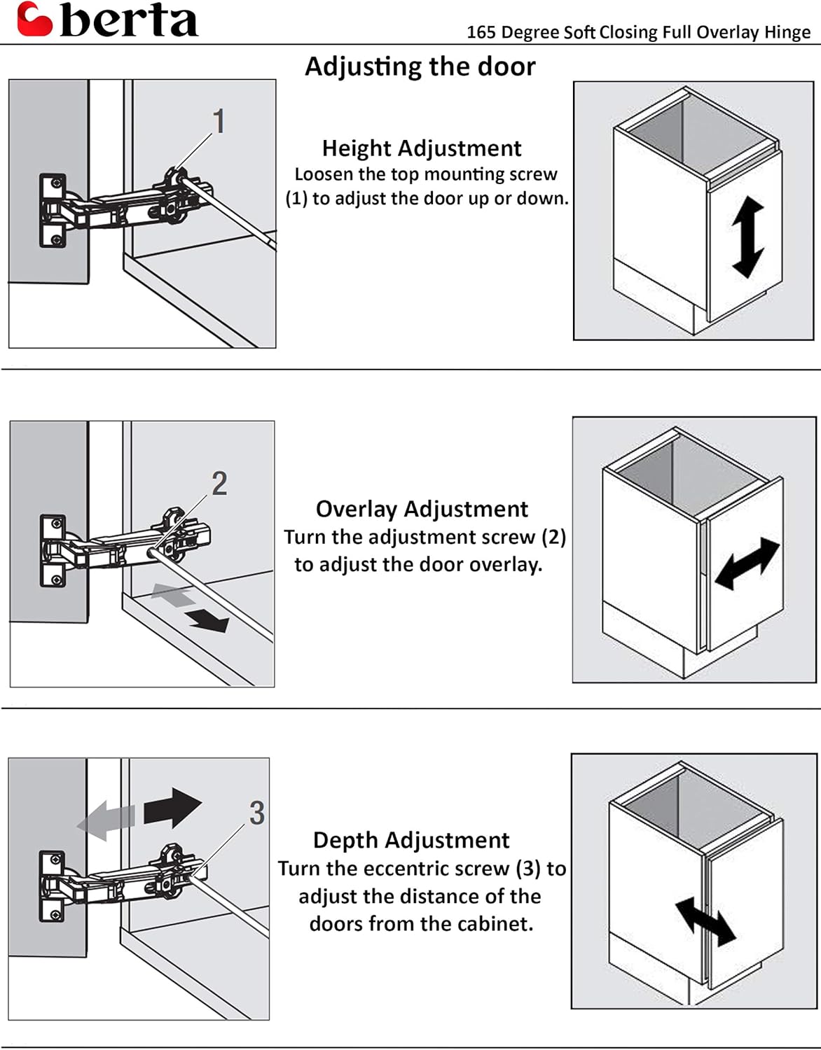Berta (20 Pieces) 165 Degree Full Overlay,Soft Closing, 3-Cam 6-Way Adjustment, Concealed Frameless Lazy Susan Corner Kitchen Cabinet/Bi Folding Cabinet Door Hinges with Screws