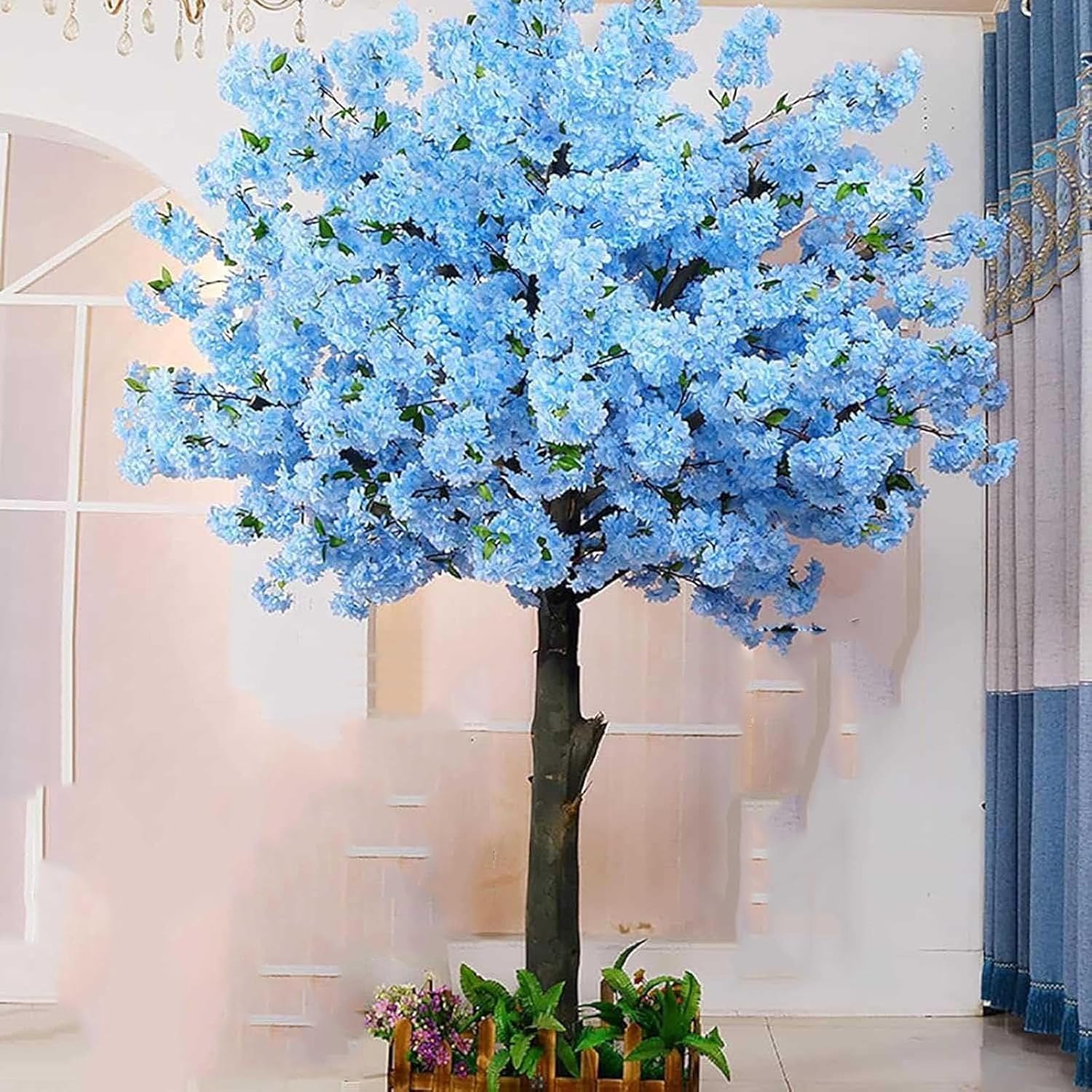 5 * 3FT/1.5 * 1m Artificial Cherry Blossom Tree with Leaves, Artificial Cherry Blossom Tree, Blue Handmade Artificial Trees for Home Decor, Indoor, Outdoor, Wedding, Christmas, Party, Office