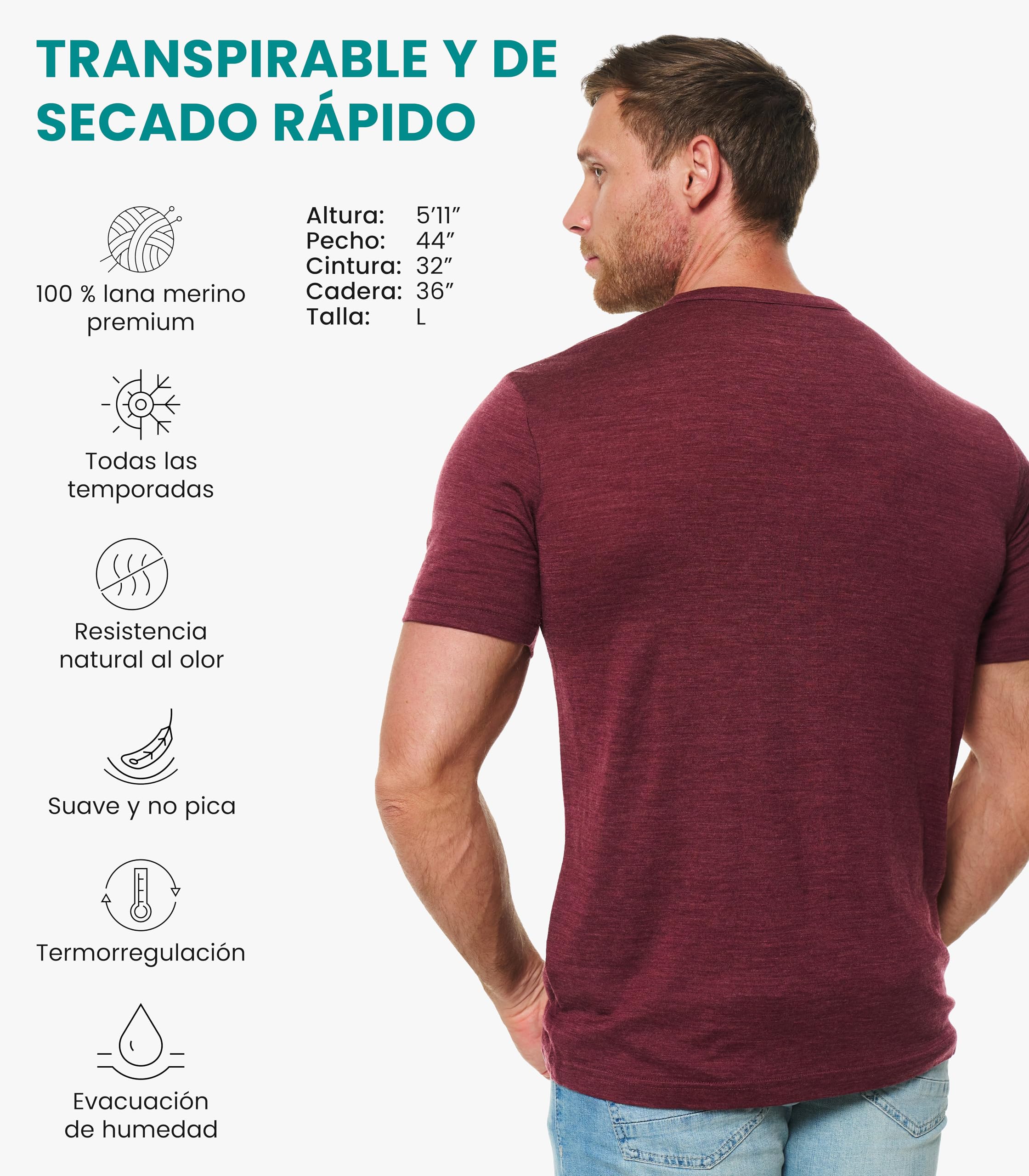 Merino.tech Camiseta Interior de Lana Merino 100% para Hombre (Medium, Burgundy Henly)