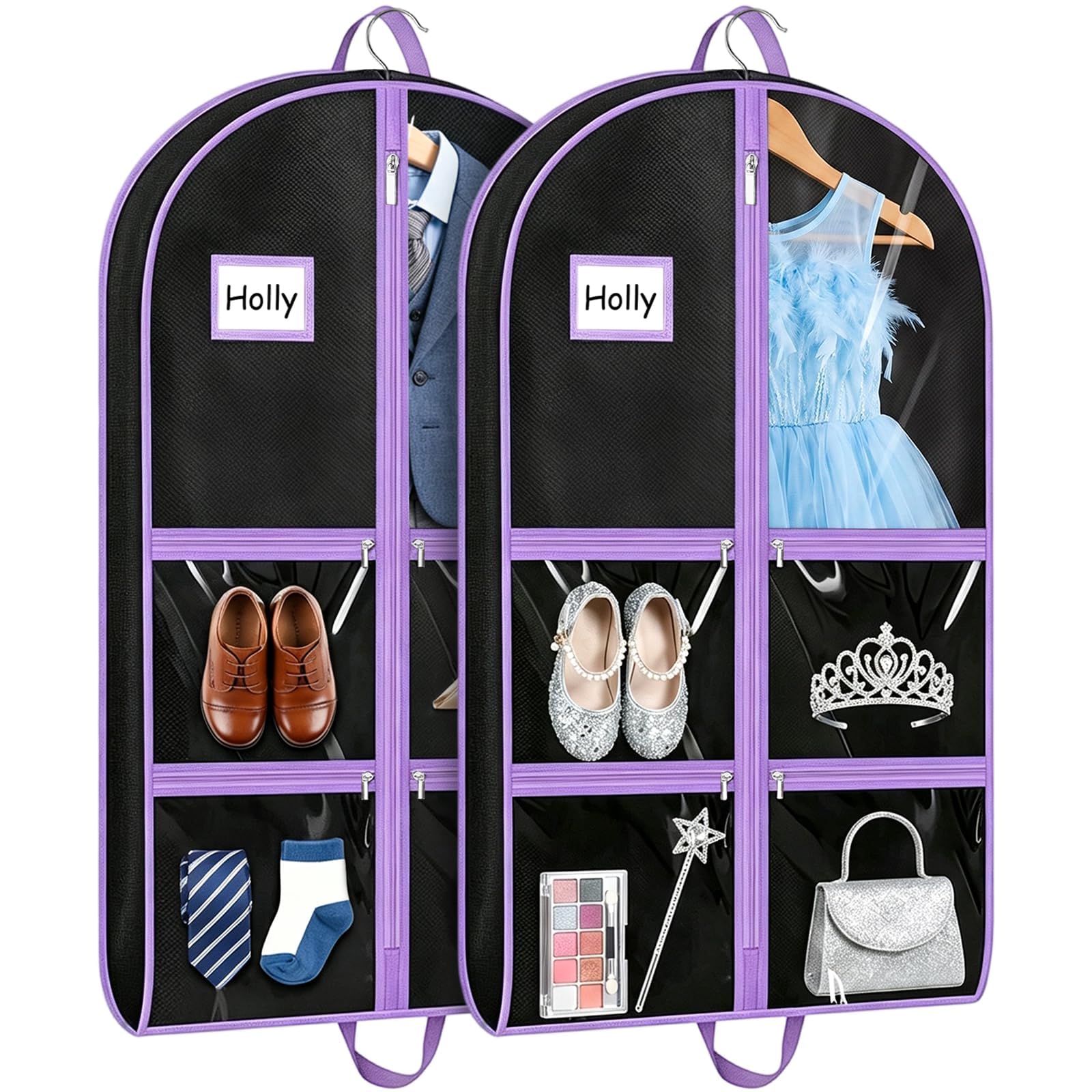 COEWUR Clothes Covers, 2Pack 40 inch Waterproof Hanging Costume Garment Bags with 4 Clear Zipper Pockets and Id Slot Pockets, Foldable Dance Costume Bag for Dancers Travel Competitions (Purple)